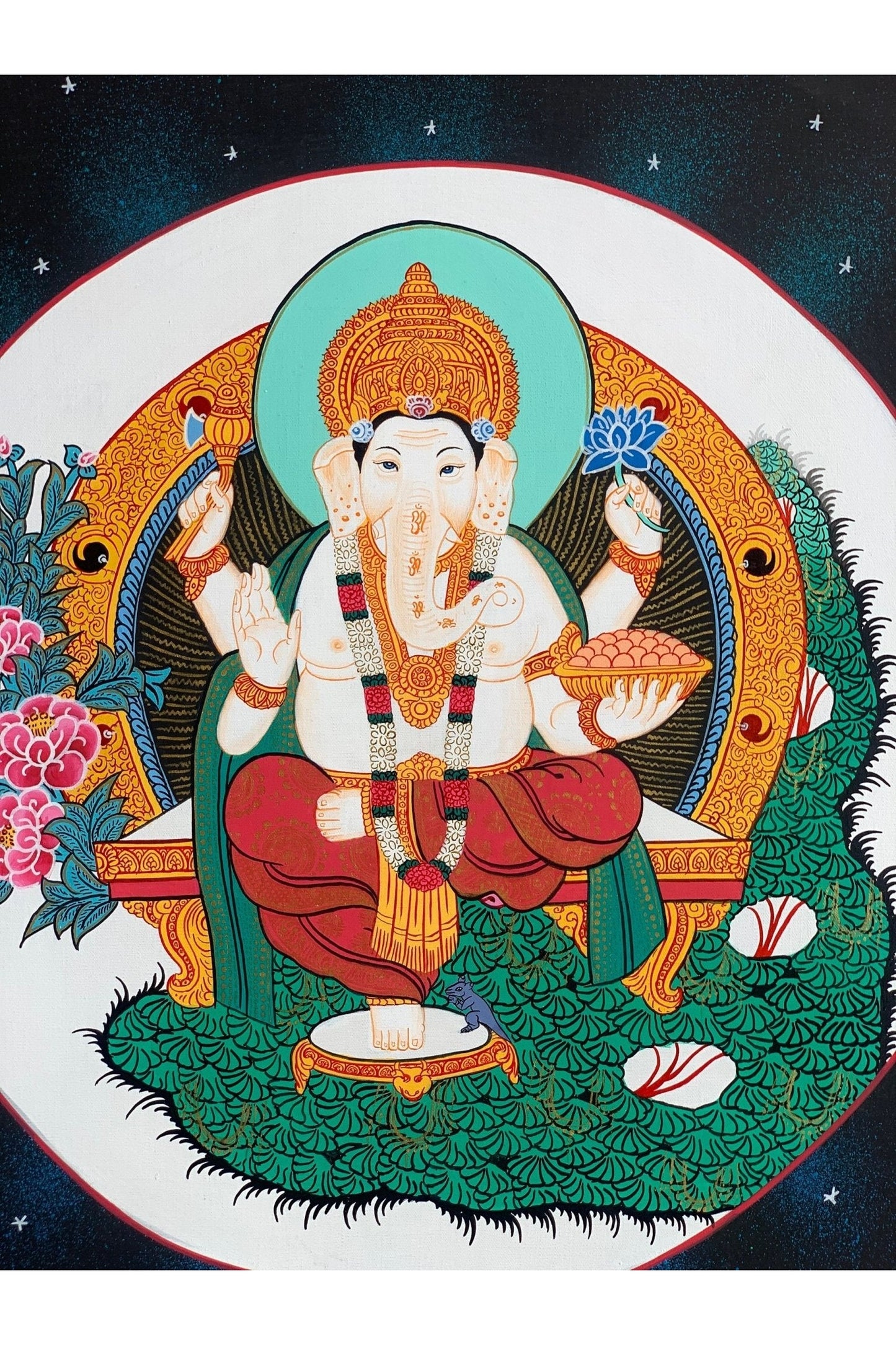Lord Ganesha, Ganesh, Ganapati, Vinayaka, Thangka Painting, Hindu Buddhist, Original Art 11 x 14 - Inches - Tibetan Thangka Art