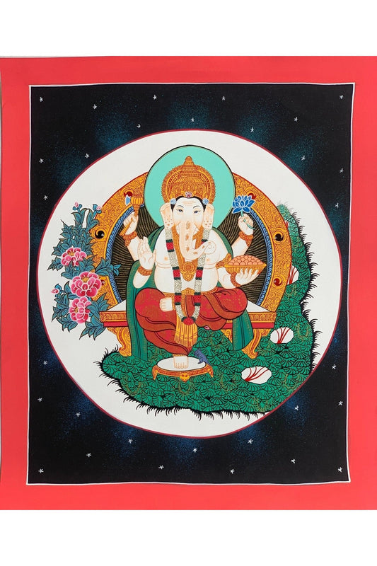 Lord Ganesha, Ganesh, Ganapati, Vinayaka, Thangka Painting, Hindu Buddhist, Original Art 11 x 14 - Inches - Tibetan Thangka Art