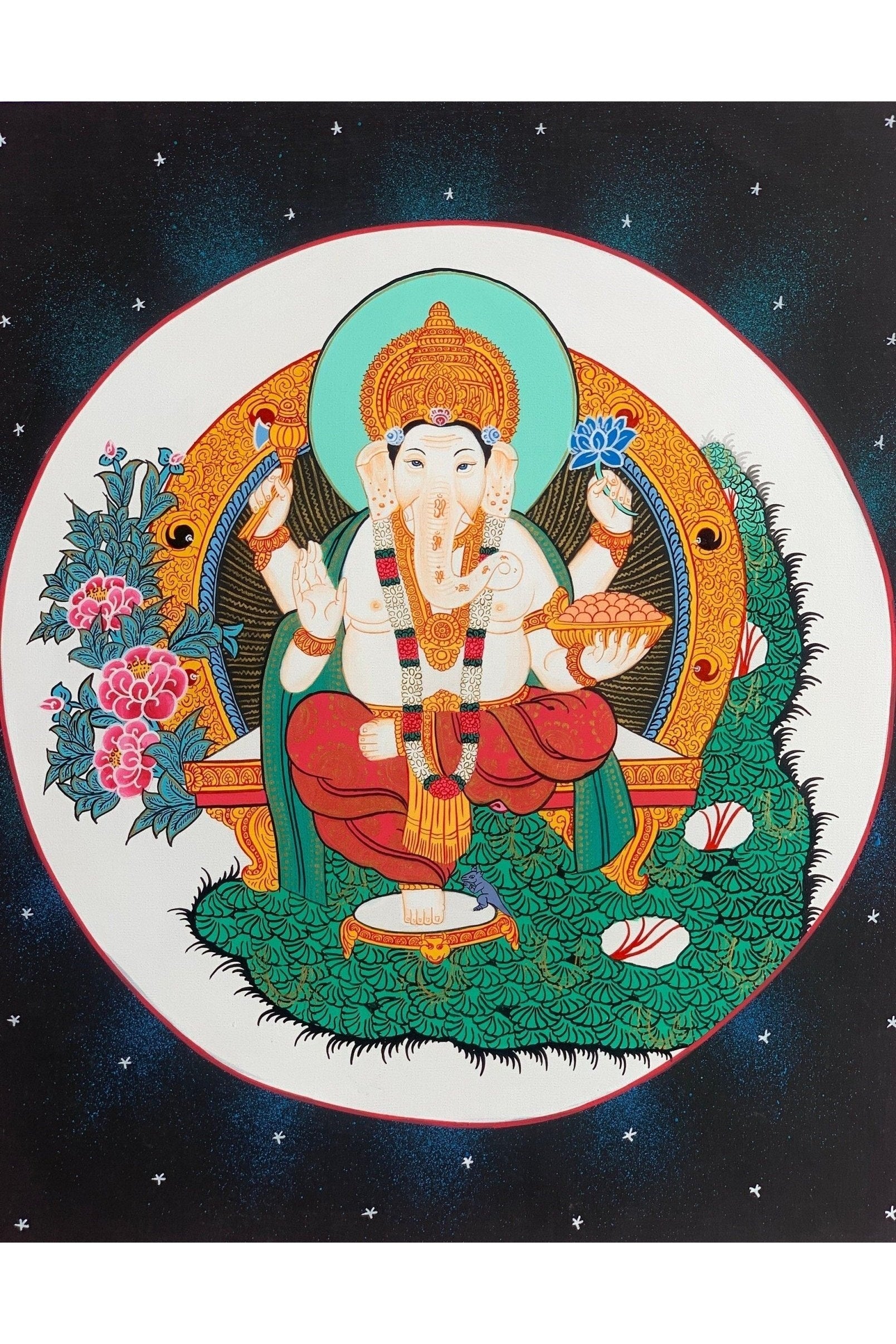 Lord Ganesha, Ganesh, Ganapati, Vinayaka, Thangka Painting, Hindu Buddhist, Original Art 11 x 14 - Inches - Tibetan Thangka Art