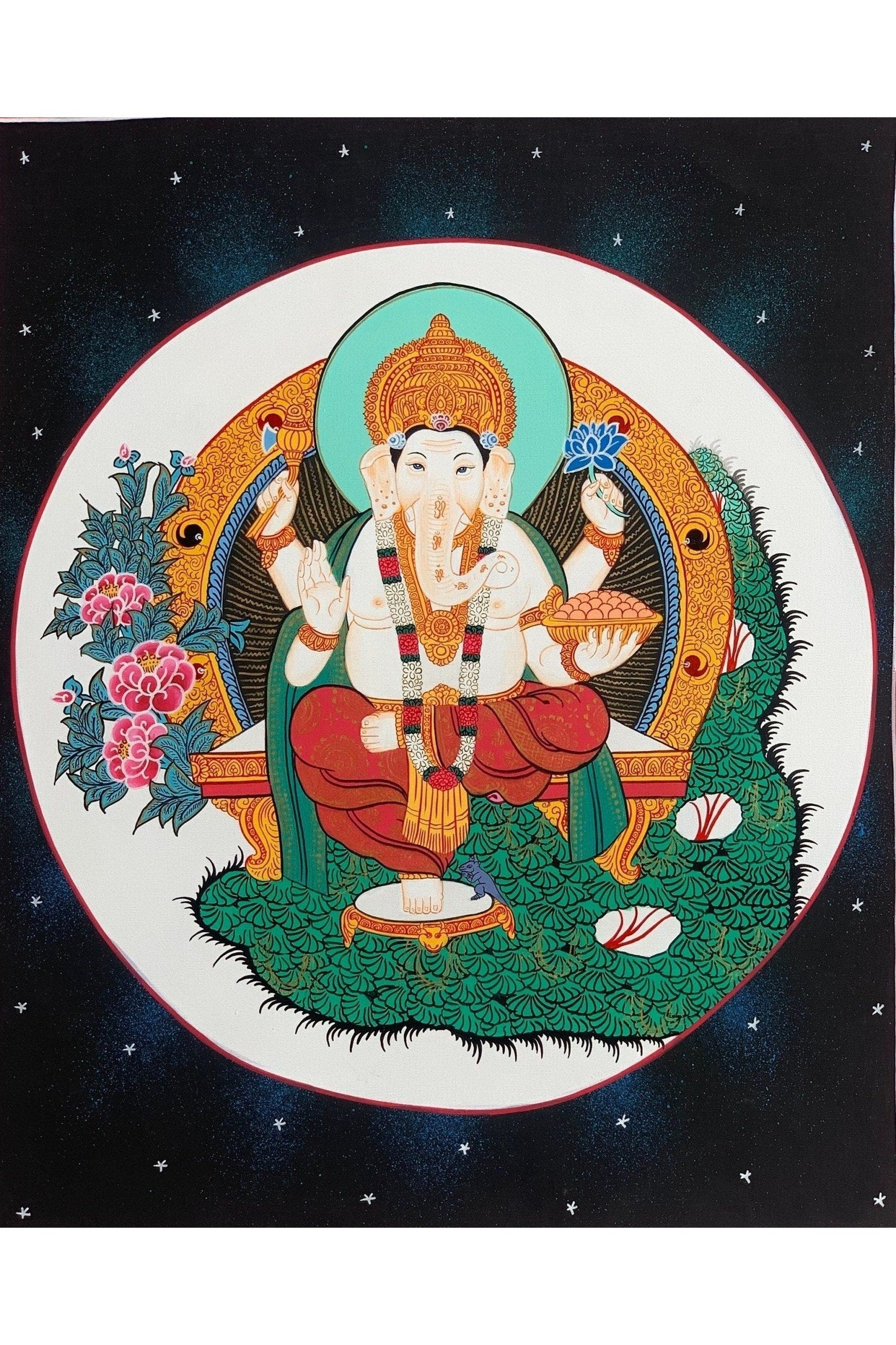 Lord Ganesha, Ganesh, Ganapati, Vinayaka, Thangka Painting, Hindu Buddhist, Original Art 11 x 14 - Inches - Tibetan Thangka Art