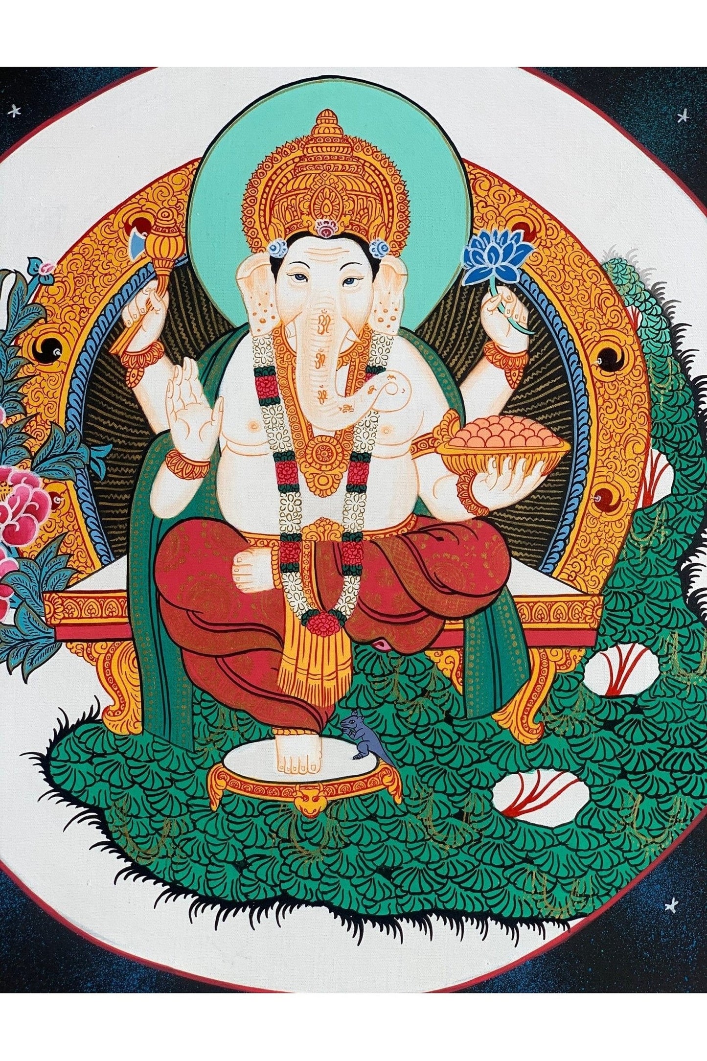 Lord Ganesha, Ganesh, Ganapati, Vinayaka, Thangka Painting, Hindu Buddhist, Original Art 11 x 14 - Inches - Tibetan Thangka Art