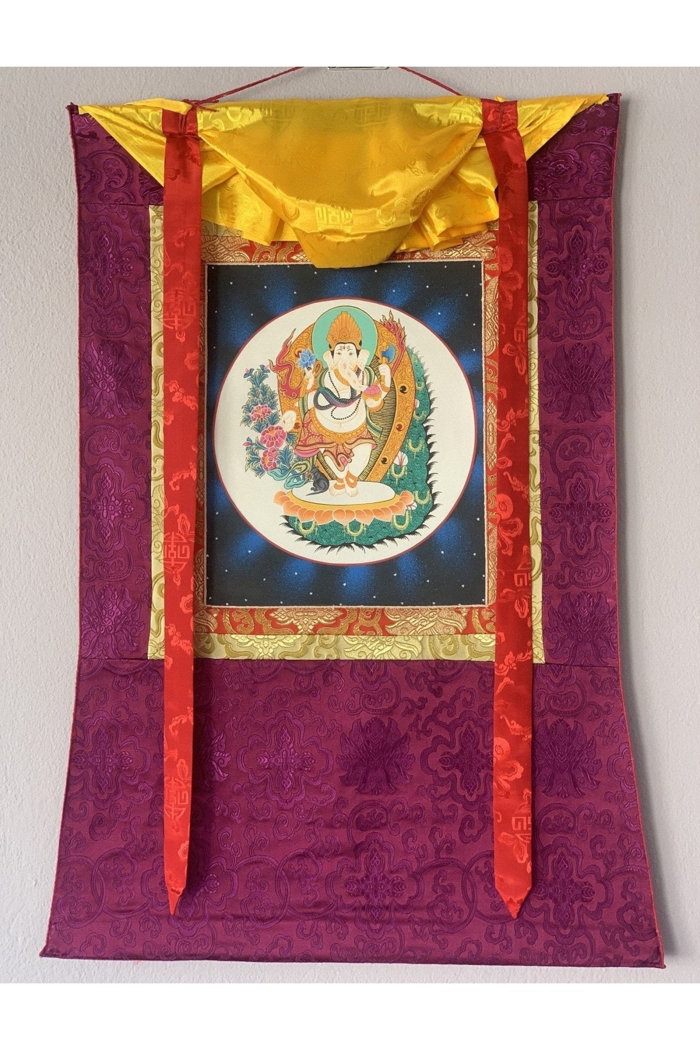 Lord Ganesha, Ganesh, Ganapati, Vinayaka, Thangka Painting, Hindu Buddhist, Original Art, Hand Painting with Silk Frame - Tibetan Thangka Art