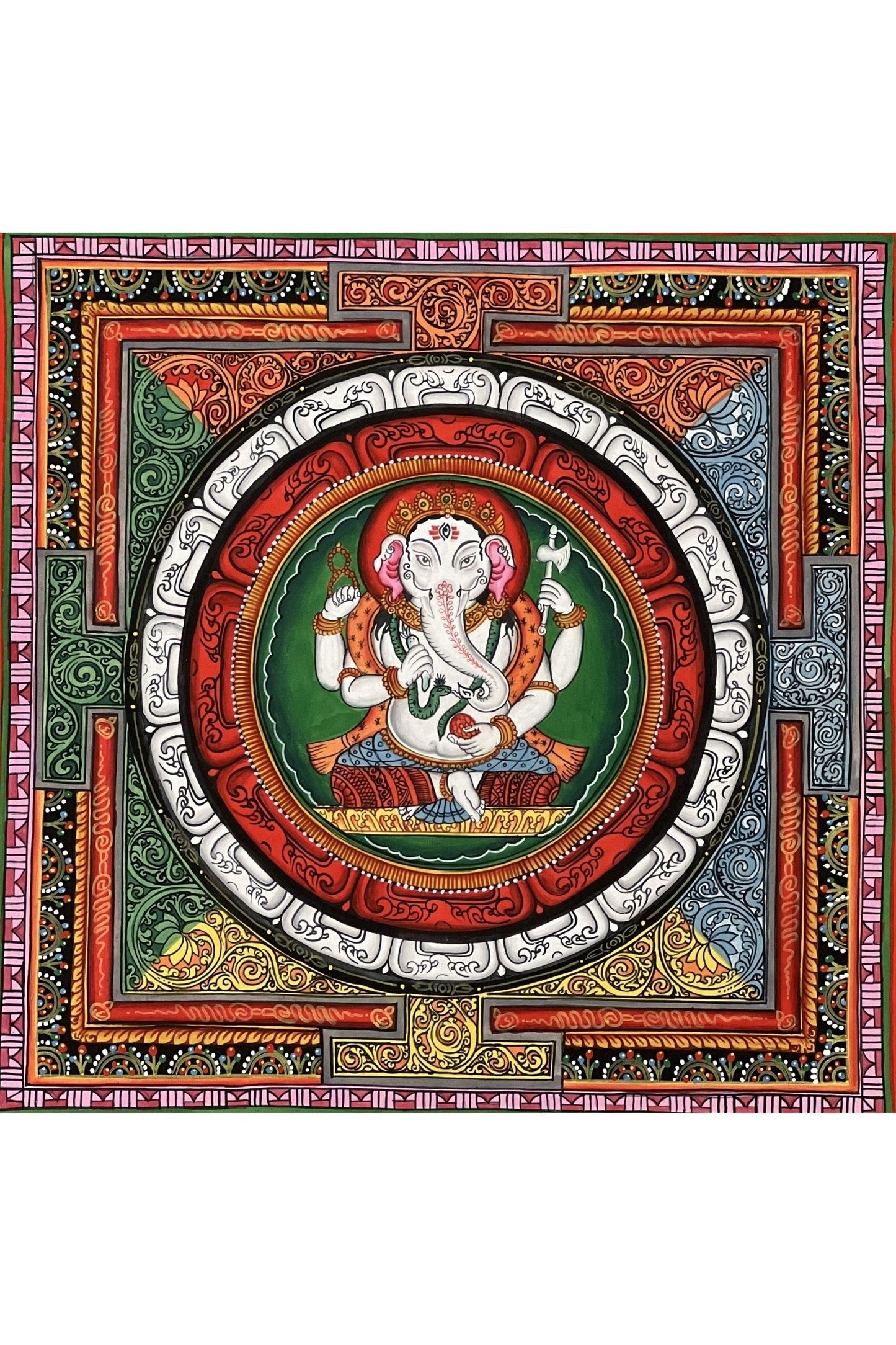 Lord Ganesha/Ganesh/ Ganapati/ Vinayaka, in SriYantra Master Quality Newari Paubha, Thangka Painting, Original Hand Painting/Meditation Art - Tibetan Thangka Art
