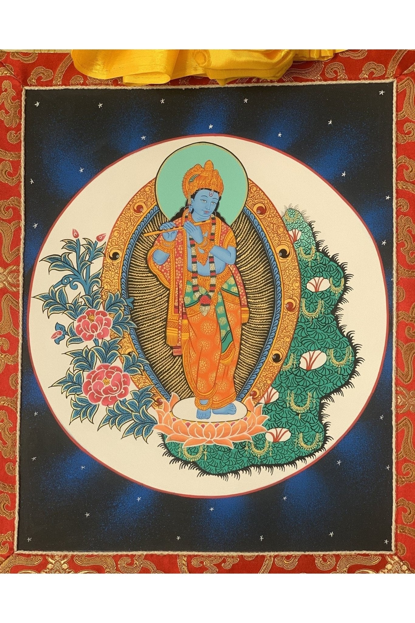 Lord Krishna, Govinda, God of Protection, Compassion, Love, Original Hand - Painting, Hindu, Vaishnava Art with Silk Frame - Tibetan Thangka Art