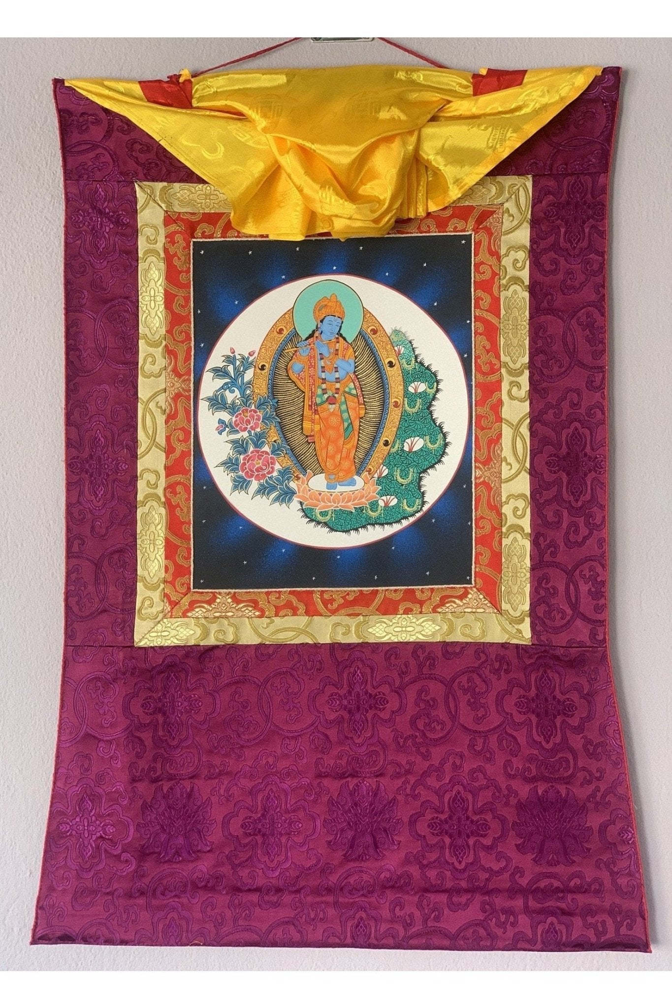 Lord Krishna, Govinda, God of Protection, Compassion, Love, Original Hand - Painting, Hindu, Vaishnava Art with Silk Frame - Tibetan Thangka Art