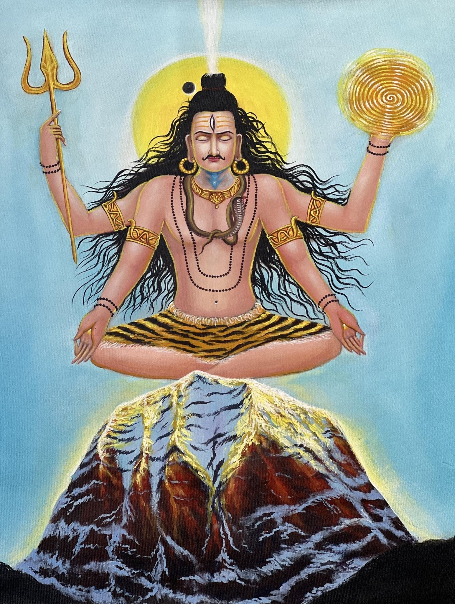 Lord Shiva | Mahadeva Meditating on Kailash | Acrylic Painting on Canvas | Divine Serenity Large Masterpiece Acrylic Palette Knife Painting - Tibetan Thangka Art
