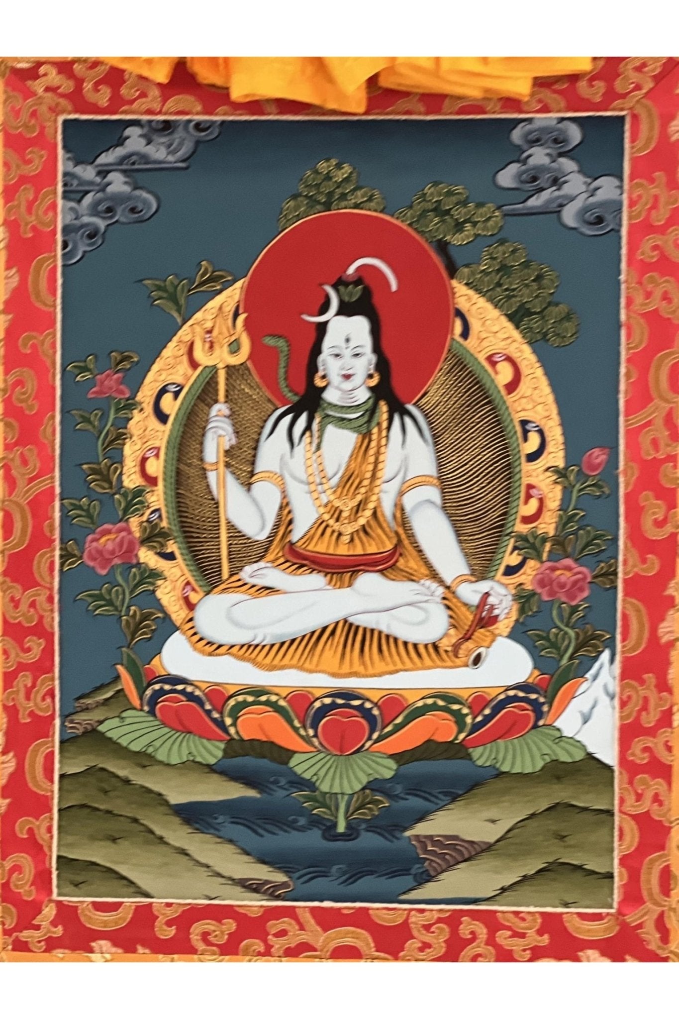 Lord Shiva Mahadeva Shankar Thangka Painting/ Original Masterpiece Art Framed with Silk Brocade - Tibetan Thangka Art