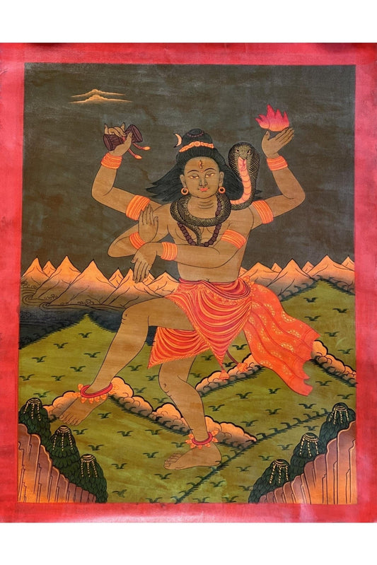 Lord Shiva/ Shankar/ Mahadeva Dancing in Kailash Masterpiece Old Oil Varnished Painting/ Original Hindu Art - Tibetan Thangka Art