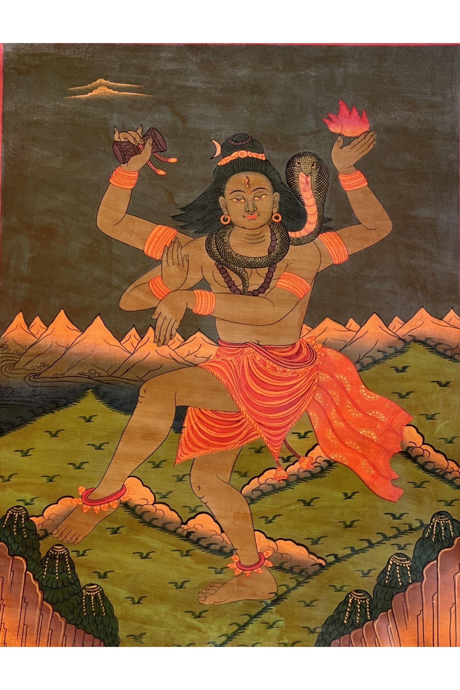 Lord Shiva/ Shankar/ Mahadeva Dancing in Kailash Masterpiece Old Oil Varnished Painting/ Original Hindu Art - Tibetan Thangka Art