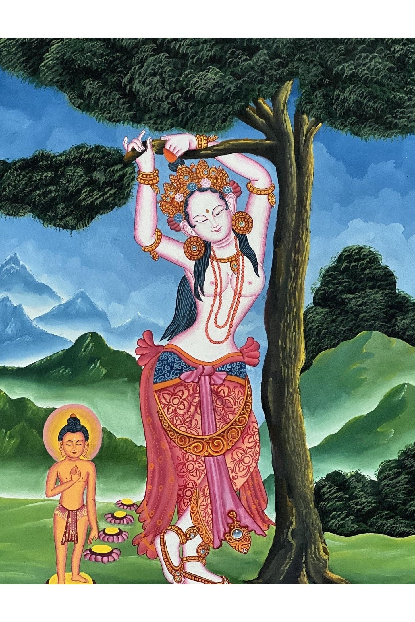 Maha Maya/ Mayadevi/Queen of Kapilvastu Giving Birth to Buddha under Sal Tree Newari Paubha Painting Original Masterpiece Buddhist Art - Tibetan Thangka Art