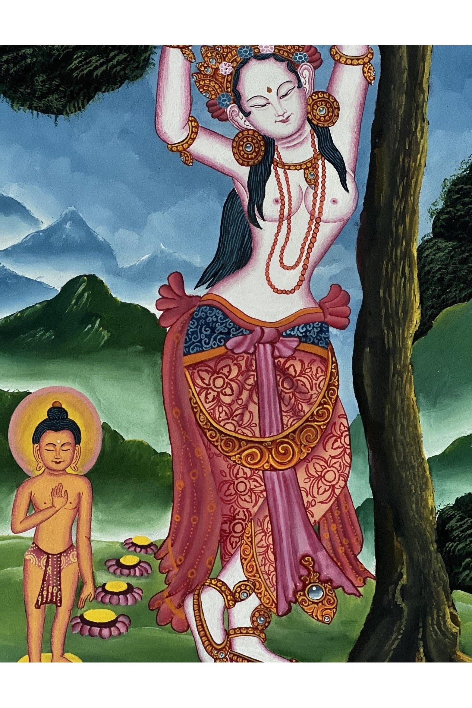 Maha Maya/ Mayadevi/Queen of Kapilvastu Giving Birth to Buddha under Sal Tree Newari Paubha Painting Original Masterpiece Buddhist Art - Tibetan Thangka Art
