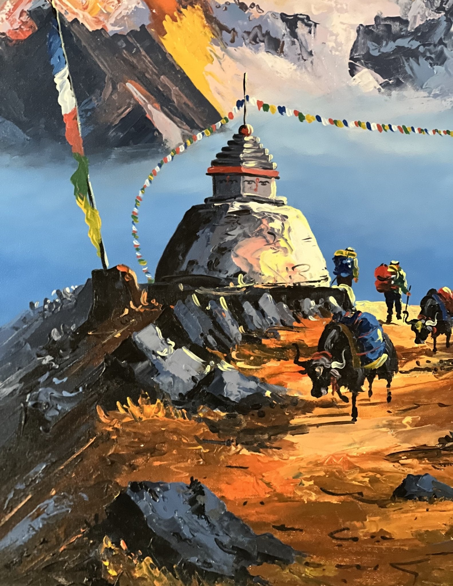 Majestic Mount Everest: The Highest Peak in the World/ Sunrise View from Gokyo Lake/ Acrylic Painting on Canvas 3 x 6 Feet - Tibetan Thangka Art