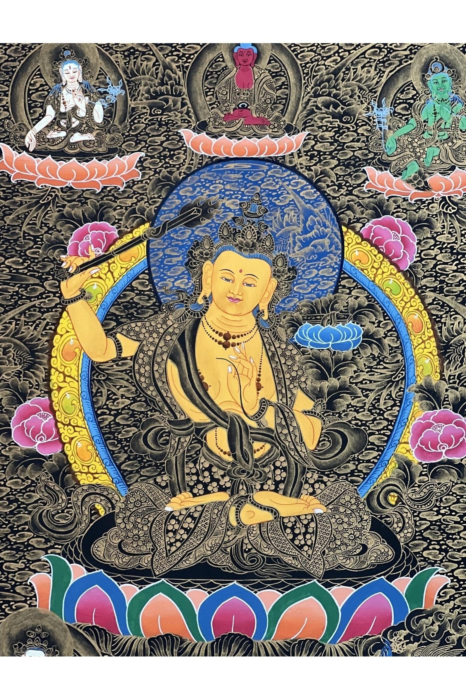 Manjushri/ Manjusri/ Manjushree Bodhisattva of Wisdom High - Quality Masterpiece Tibetan Thangka Painting Original Buddhist Art - Tibetan Thangka Art