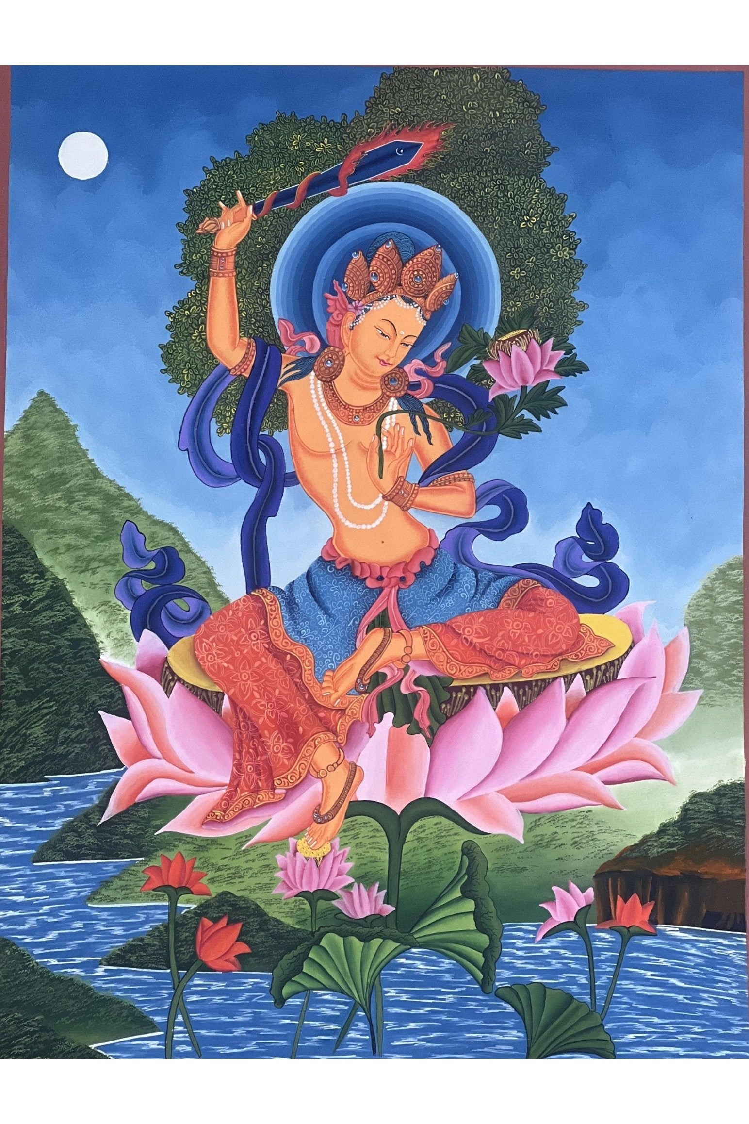 Manjushri/ Manjusri/ Manjushree God of wisdom Original Masterpiece Newari Paubha Thangka Painting Meditation Art from Nepal - Tibetan Thangka Art