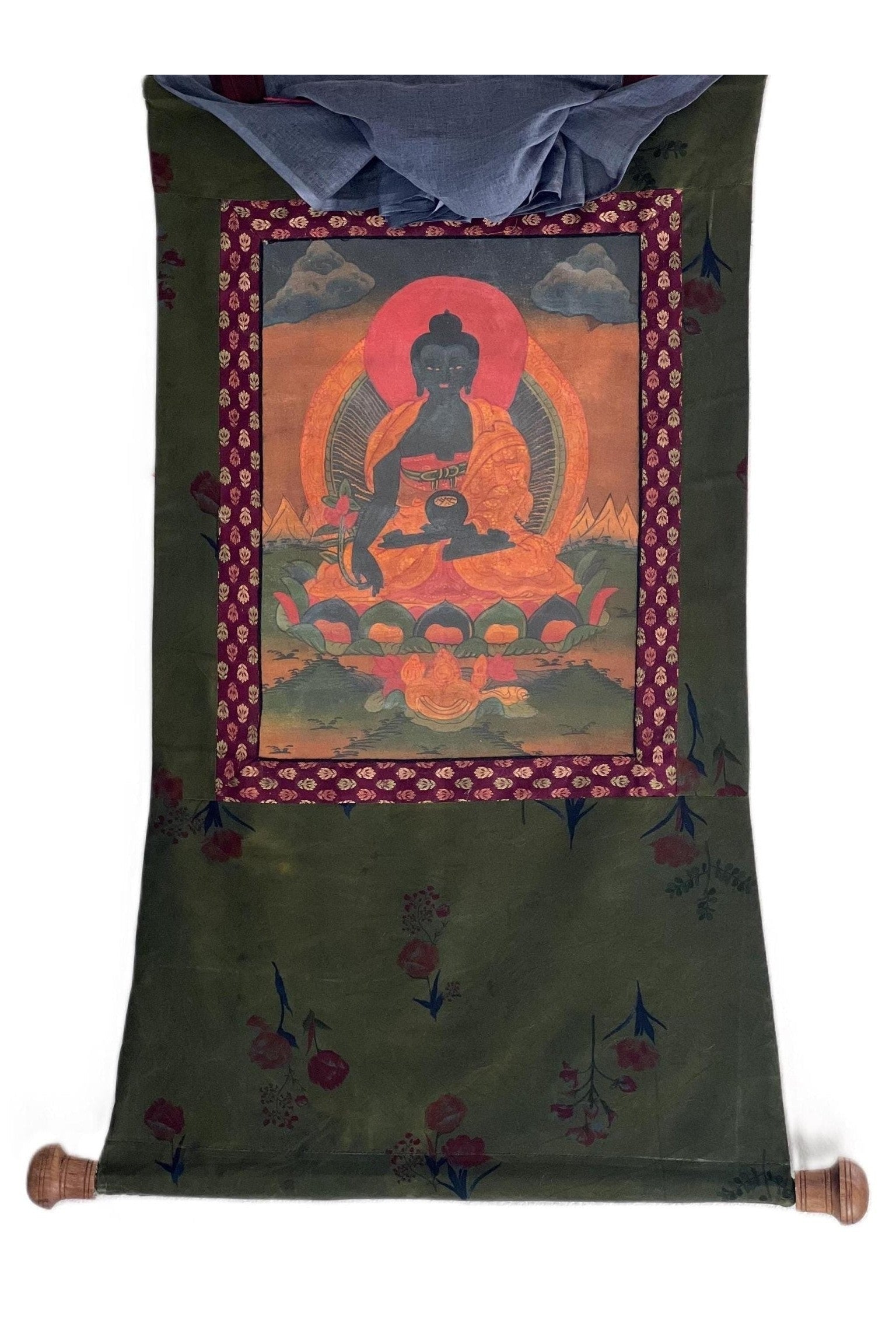 Medicine Buddha/ Bhaisajyaguru Buddha of Healing Tibetan Thangka Painting Old Oil - Varnished/ Original Hand Painting with Cotton Brocade - Tibetan Thangka Art