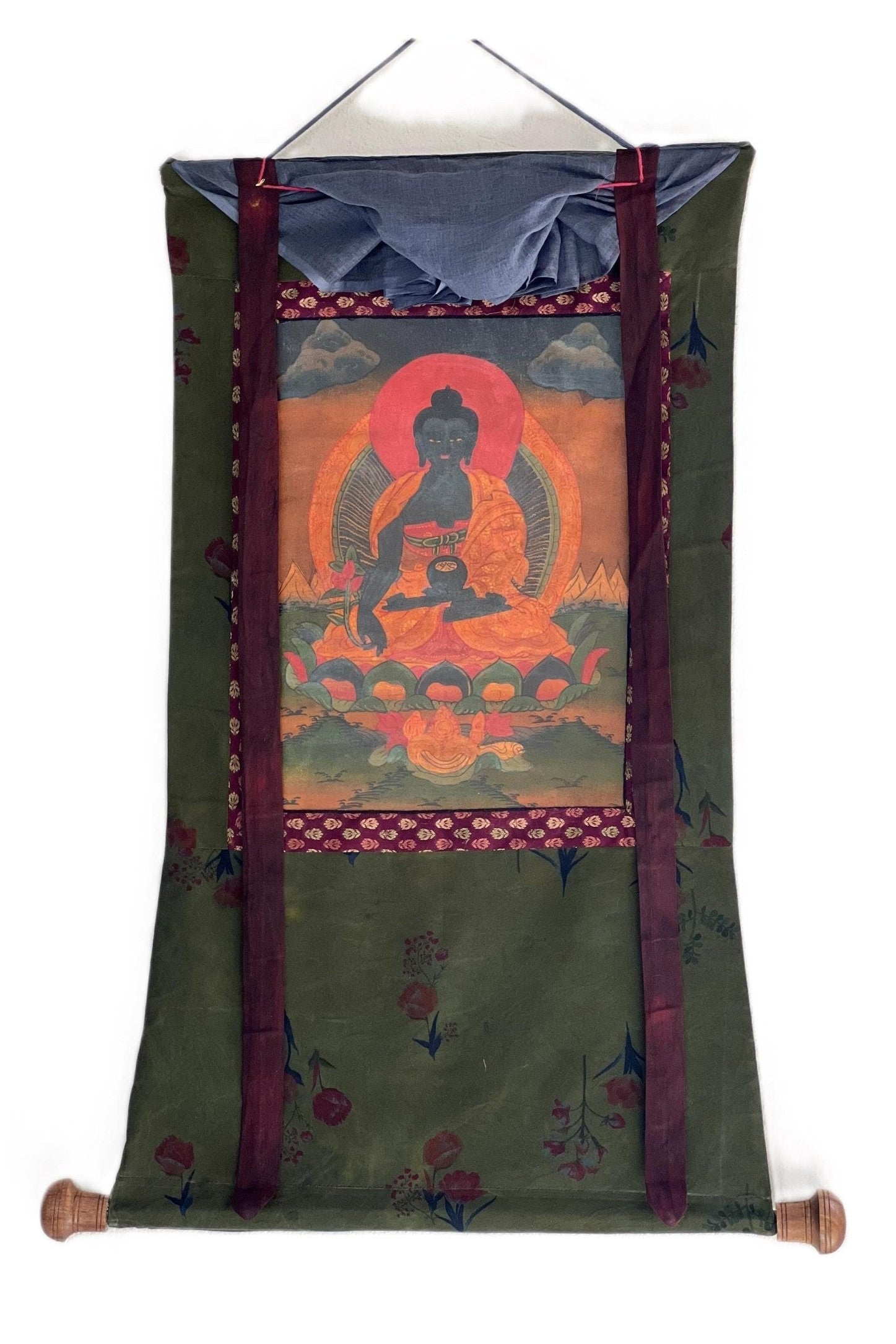 Medicine Buddha/ Bhaisajyaguru Buddha of Healing Tibetan Thangka Painting Old Oil - Varnished/ Original Hand Painting with Cotton Brocade - Tibetan Thangka Art