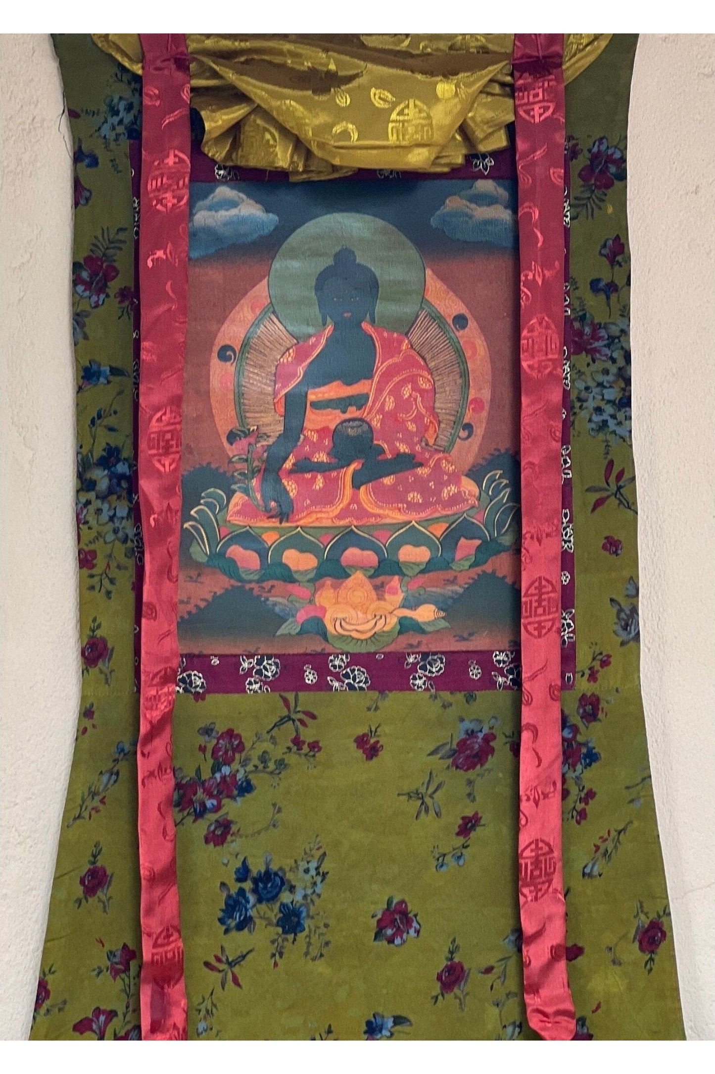 Medicine Buddha/ Bhaisajyaguru Buddha of Healing Tibetan Thangka Painting Old Oil - Varnished Original Hand Painting/Art with Cotton Brocade - Tibetan Thangka Art