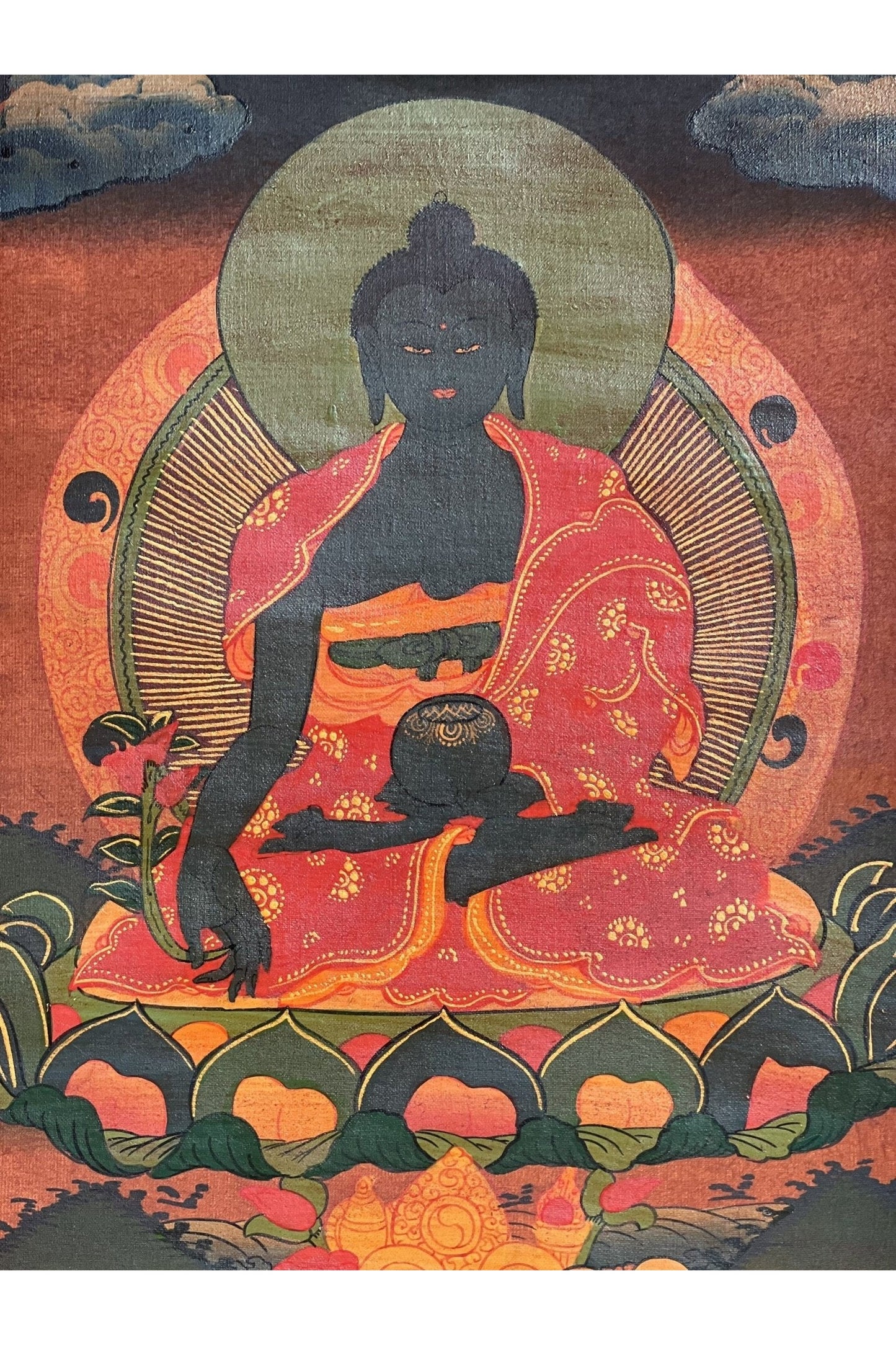 Medicine Buddha/ Bhaisajyaguru Buddha of Healing Tibetan Thangka Painting Old Oil - Varnished Original Hand Painting/Art with Cotton Brocade - Tibetan Thangka Art
