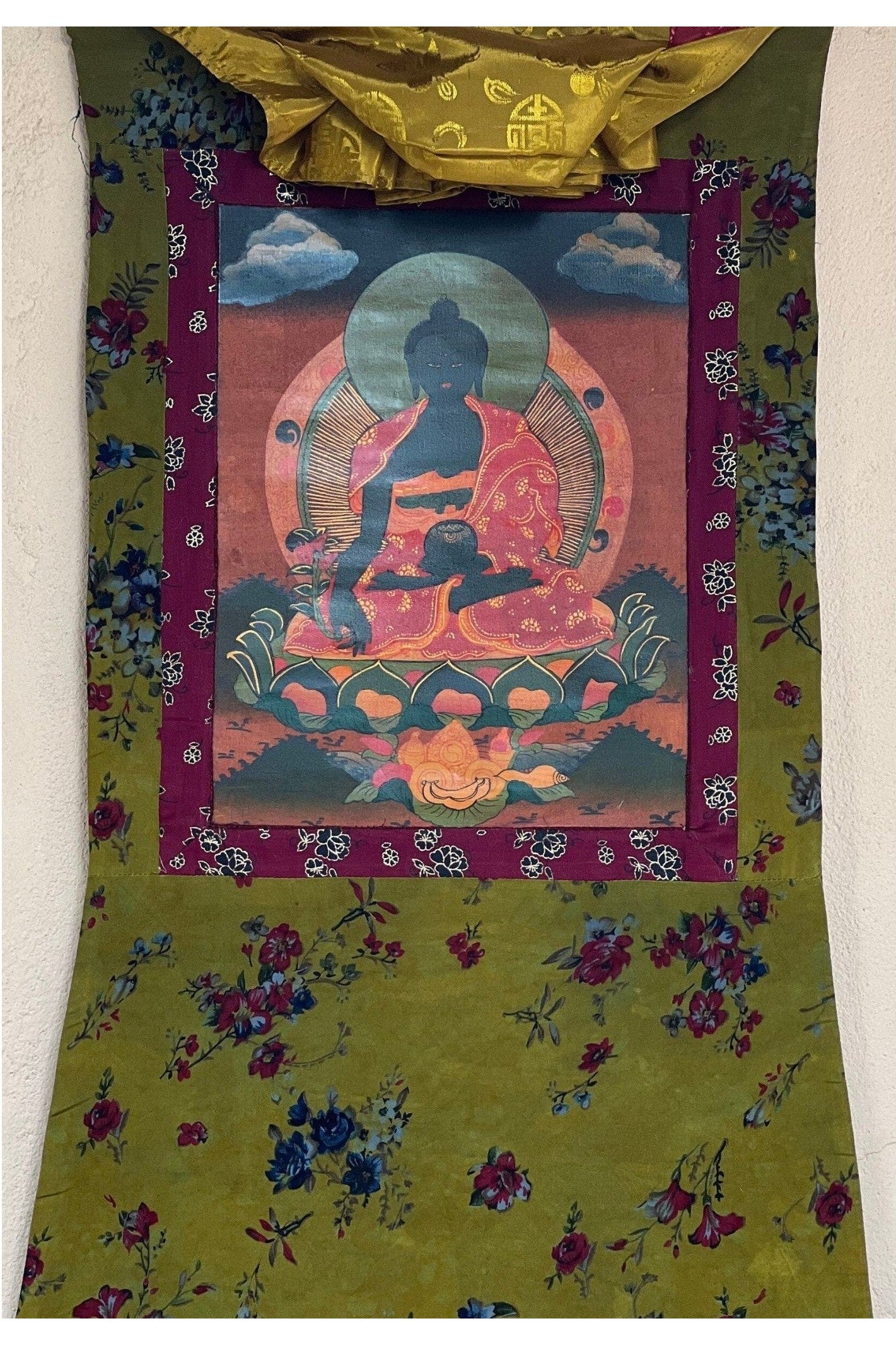 Medicine Buddha/ Bhaisajyaguru Buddha of Healing Tibetan Thangka Painting Old Oil - Varnished Original Hand Painting/Art with Cotton Brocade - Tibetan Thangka Art
