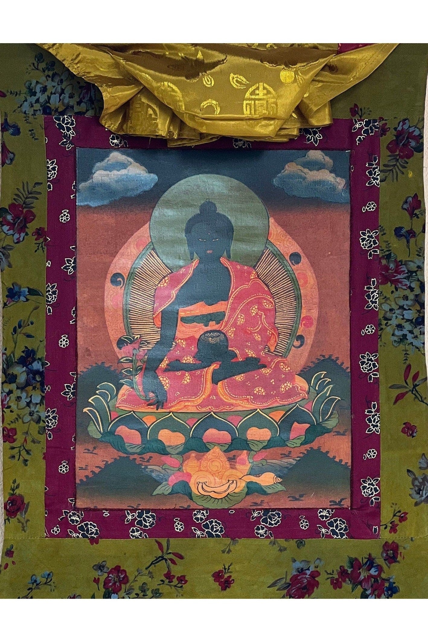 Medicine Buddha/ Bhaisajyaguru Buddha of Healing Tibetan Thangka Painting Old Oil - Varnished Original Hand Painting/Art with Cotton Brocade - Tibetan Thangka Art