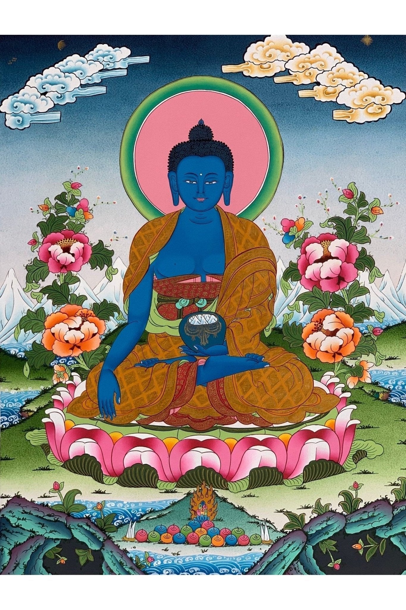 Medicine Buddha/ Bhaisajyaguru/ Master Healer Master - Quality Masterpiece Tibetan Thangka Painting/ Original Buddhist Meditation Art - Tibetan Thangka Art