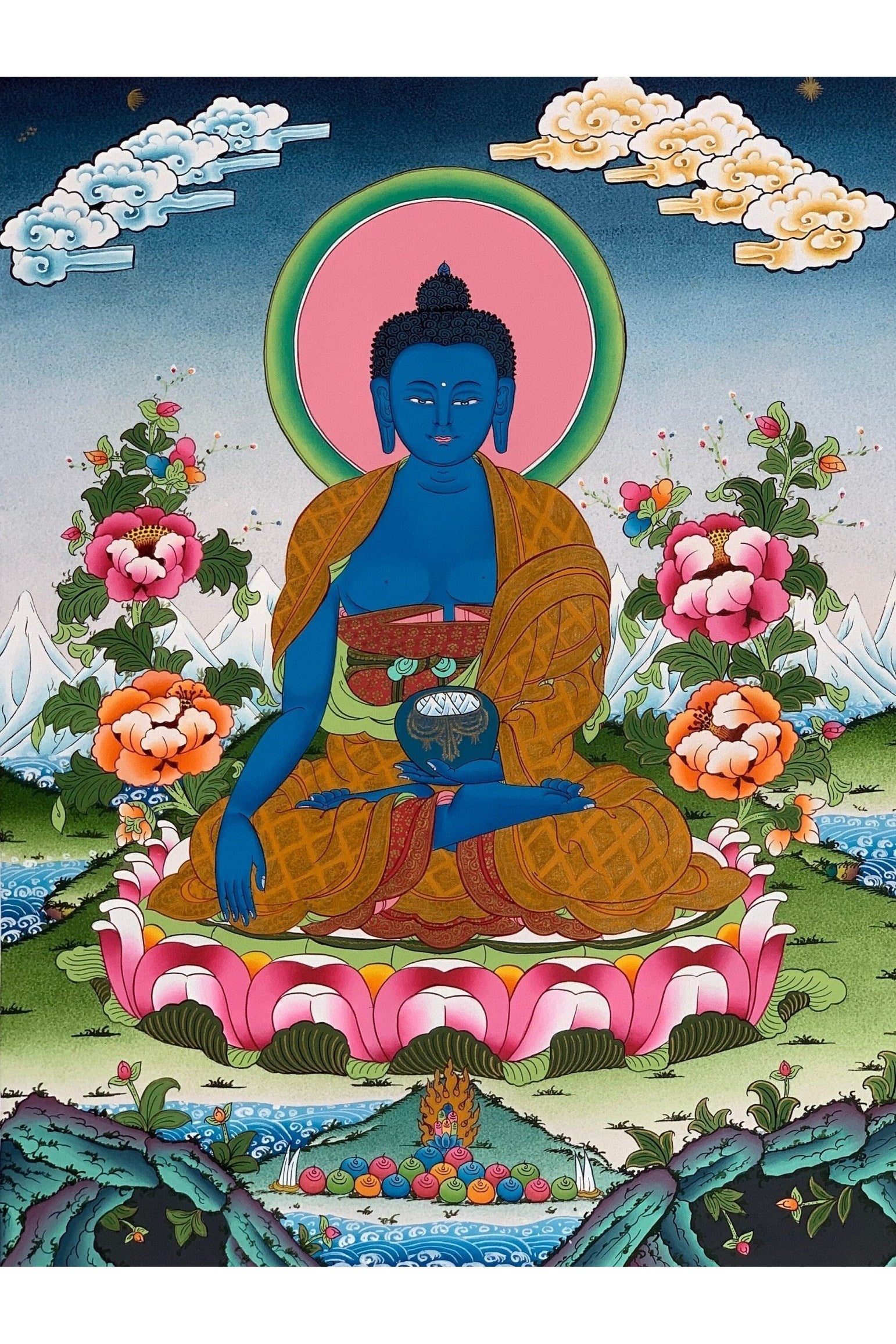 Medicine Buddha/ Bhaisajyaguru/ Master Healer Master - Quality Masterpiece Tibetan Thangka Painting/ Original Buddhist Meditation Art - Tibetan Thangka Art