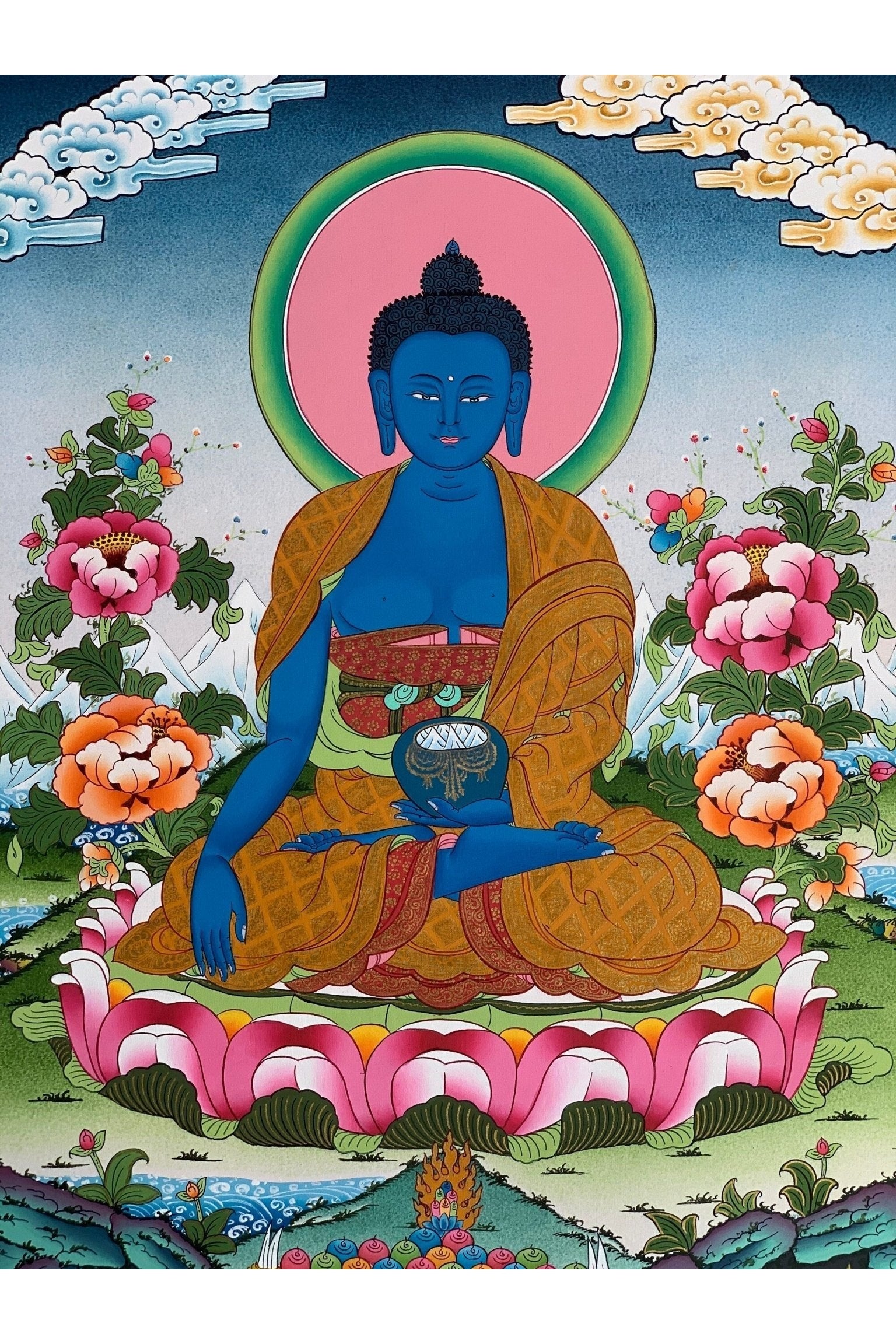 Medicine Buddha/ Bhaisajyaguru/ Master Healer Master - Quality Masterpiece Tibetan Thangka Painting/ Original Buddhist Meditation Art - Tibetan Thangka Art
