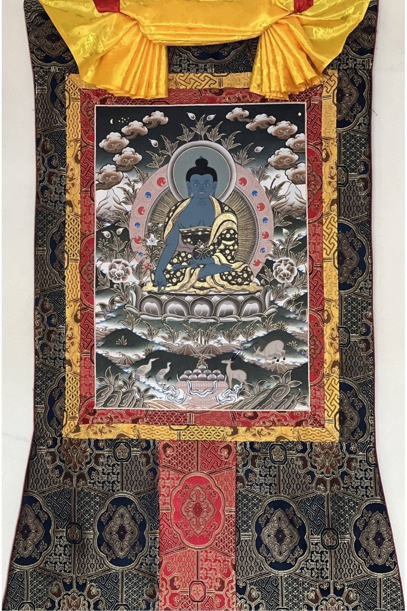 Medicine Buddha/ Bhaisajyaguru/ Master Quality Original Tibetan Thangka Painting/Healing Meditation Art with High Quality Silk Border - Tibetan Thangka Art