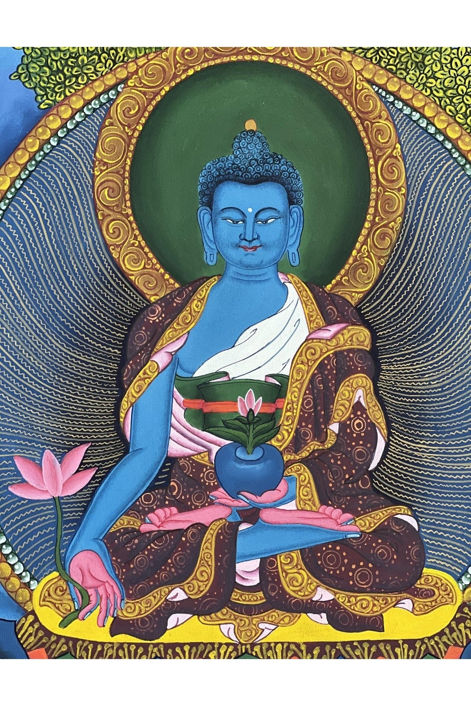 Medicine Buddha/ BhaisajyaGuru / Medicine Master Healer / Newari Paubha Style Tibetan Thangka Painting/ Original Buddhist Art - Tibetan Thangka Art