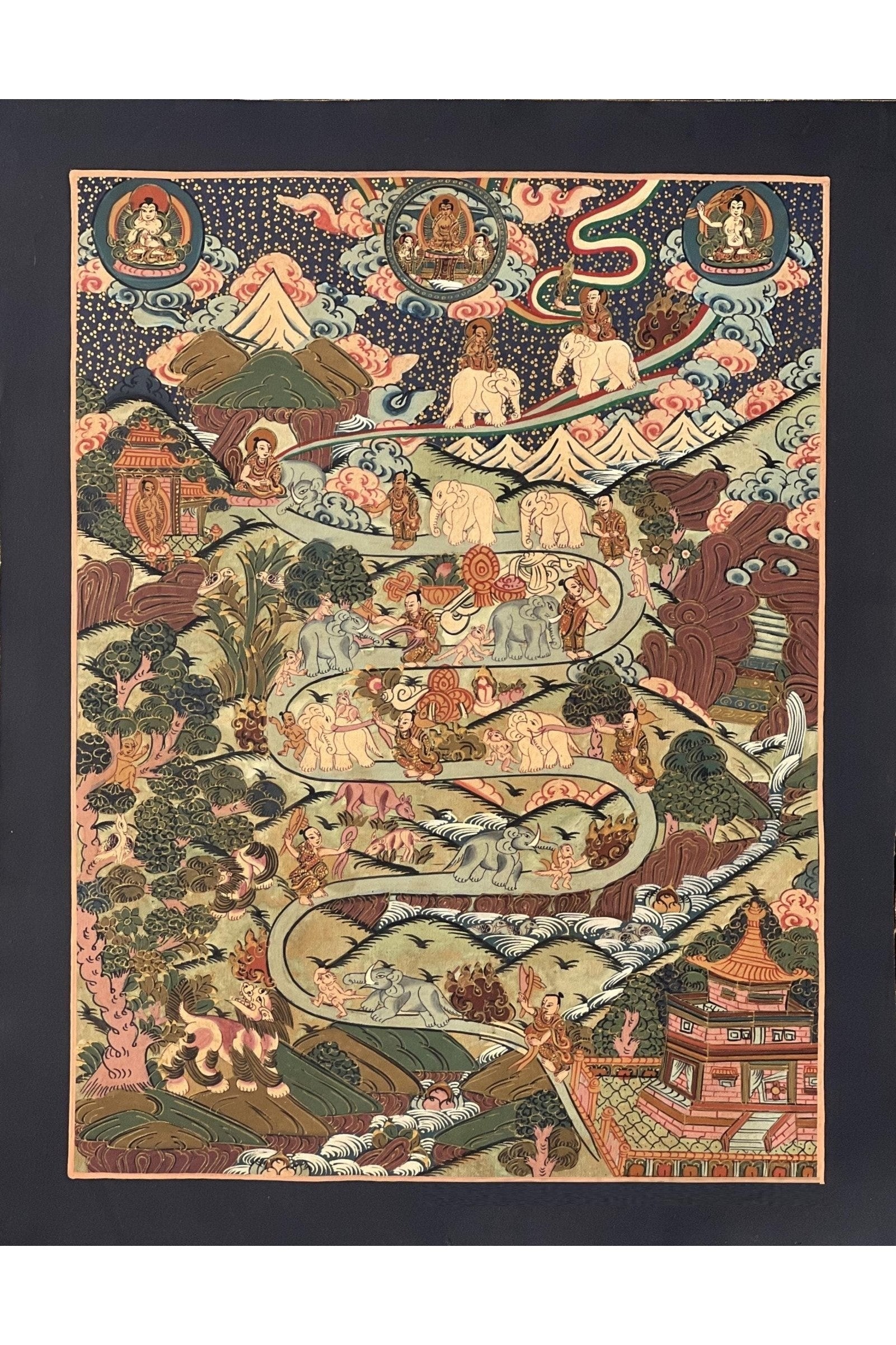 Nine Stage Samatha Meditation/ Elephant Path /Way to Heaven Masterpiece Tibetan Thangka Painting Original Buddhist Meditation Art - Tibetan Thangka Art
