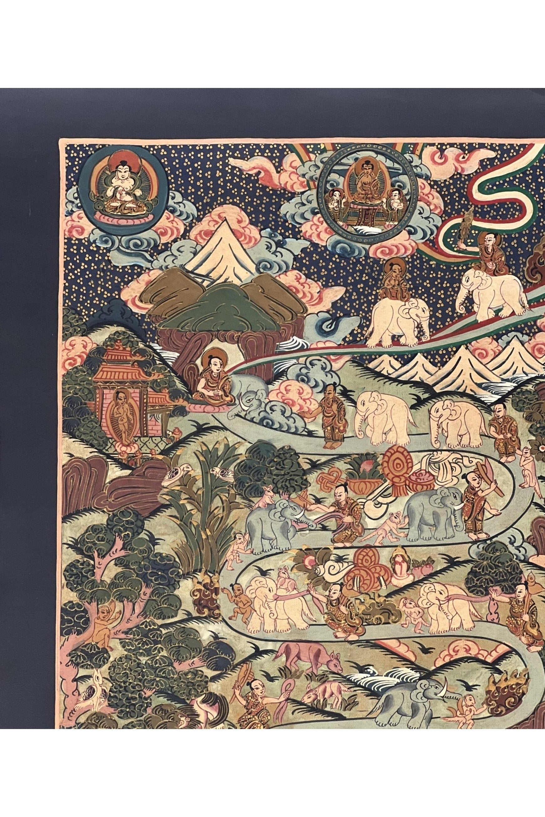Nine Stage Samatha Meditation/ Elephant Path /Way to Heaven Masterpiece Tibetan Thangka Painting Original Buddhist Meditation Art - Tibetan Thangka Art