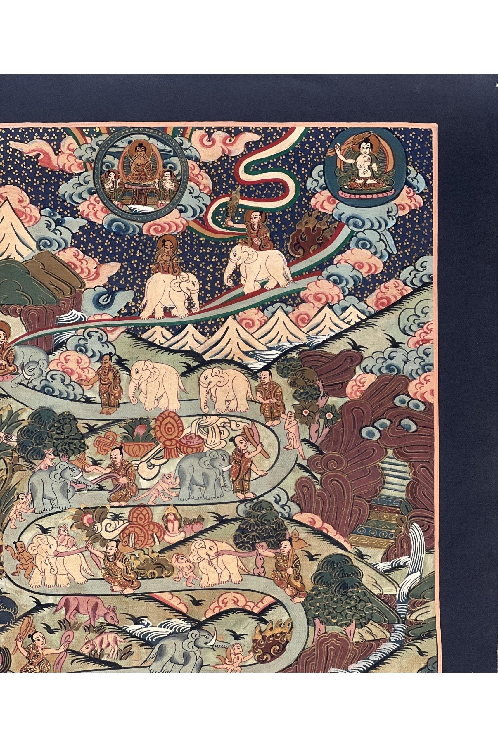 Nine Stage Samatha Meditation/ Elephant Path /Way to Heaven Masterpiece Tibetan Thangka Painting Original Buddhist Meditation Art - Tibetan Thangka Art