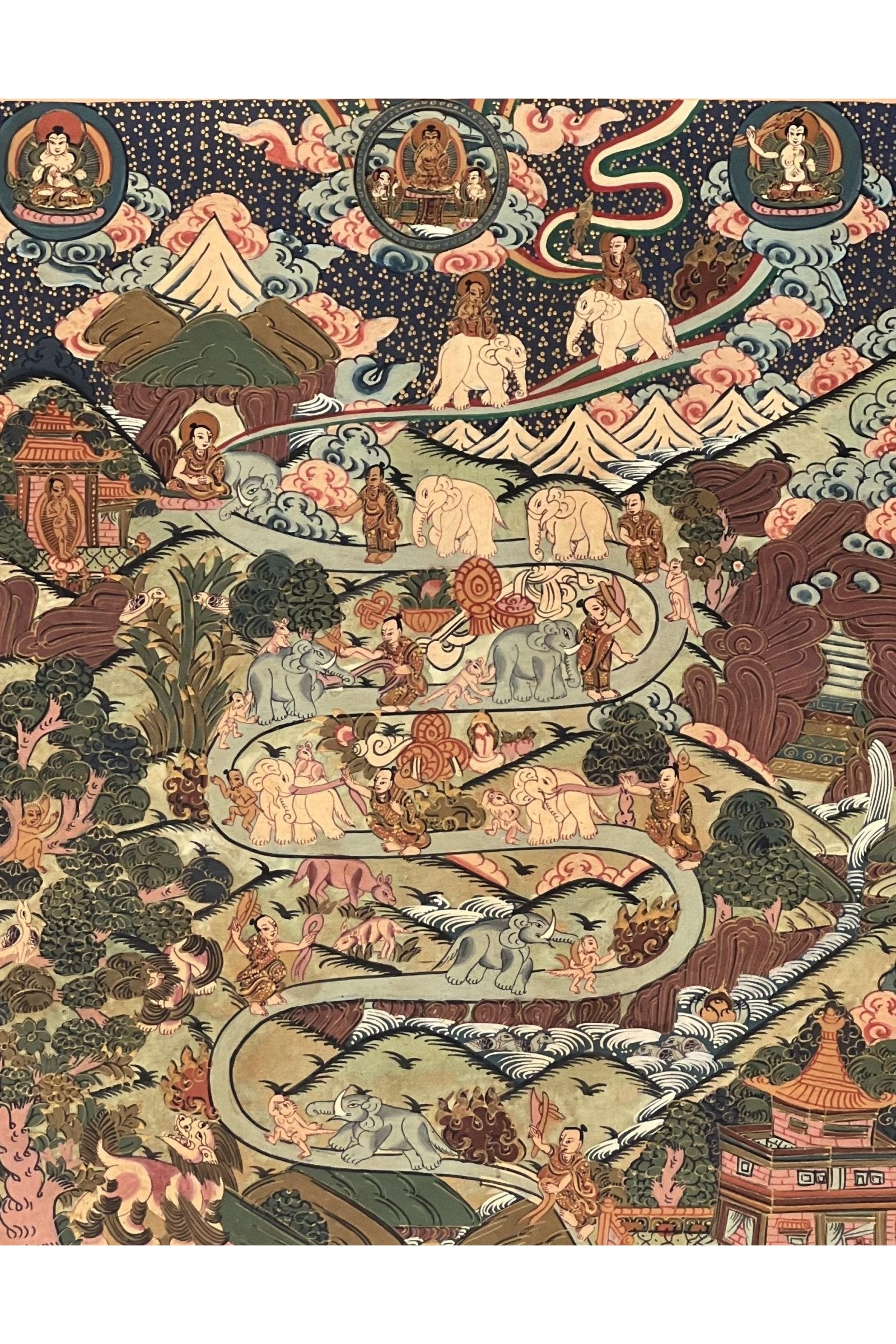 Nine Stage Samatha Meditation/ Elephant Path /Way to Heaven Masterpiece Tibetan Thangka Painting Original Buddhist Meditation Art - Tibetan Thangka Art