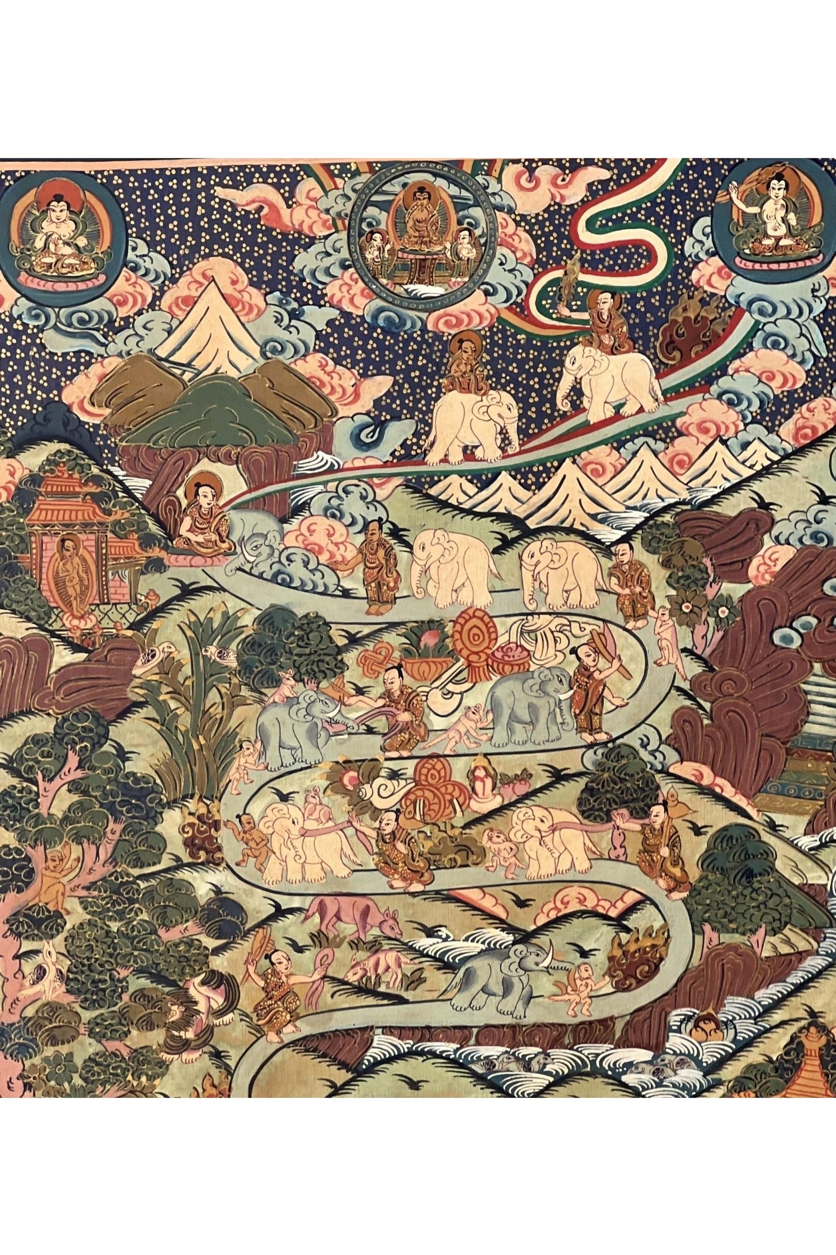 Nine Stage Samatha Meditation/ Way to Heaven/ Nirvana/ Original Tibetan Thangka Painting, Meditation Art with High - Quality Silk Brocade - Tibetan Thangka Art