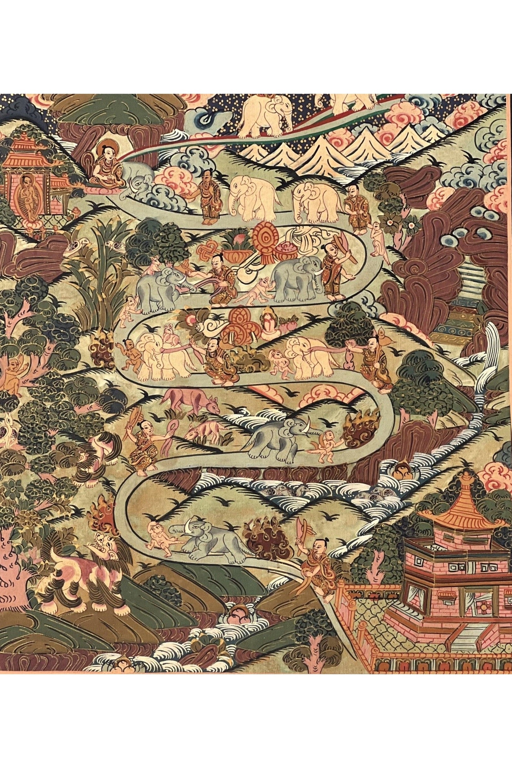 Nine Stage Samatha Meditation/ Way to Heaven/ Nirvana/ Original Tibetan Thangka Painting, Meditation Art with High - Quality Silk Brocade - Tibetan Thangka Art