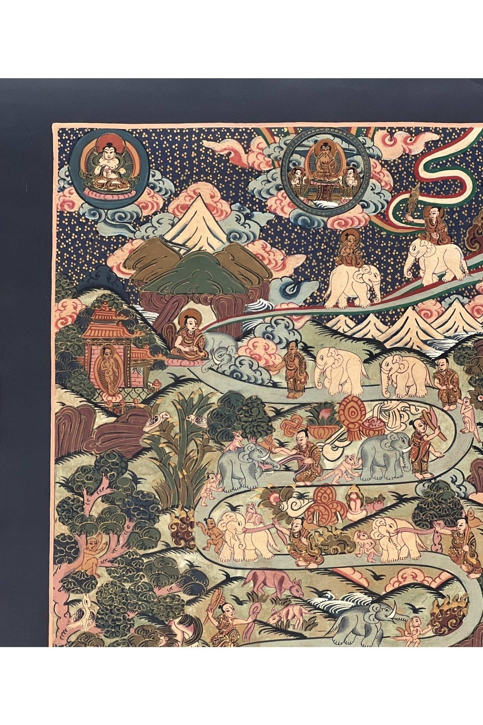 Nine Stage Samatha Meditation/ Way to Heaven/ Nirvana/ Original Tibetan Thangka Painting, Meditation Art with High - Quality Silk Brocade - Tibetan Thangka Art