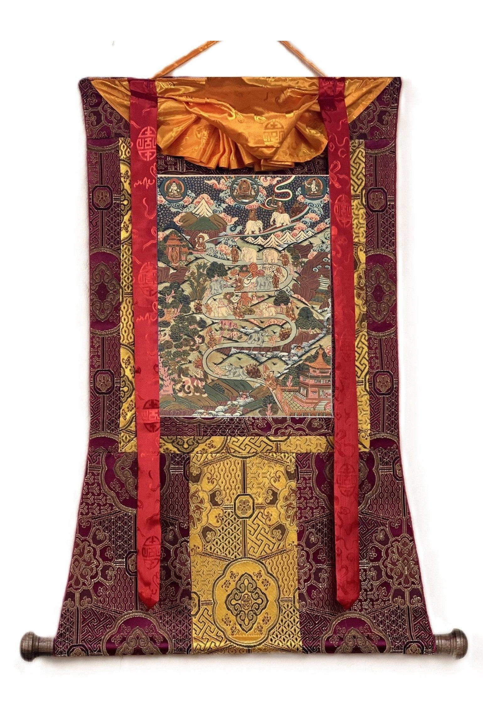 Nine Stage Samatha Meditation/ Way to Heaven/ Nirvana/ Original Tibetan Thangka Painting, Meditation Art with High - Quality Silk Brocade - Tibetan Thangka Art