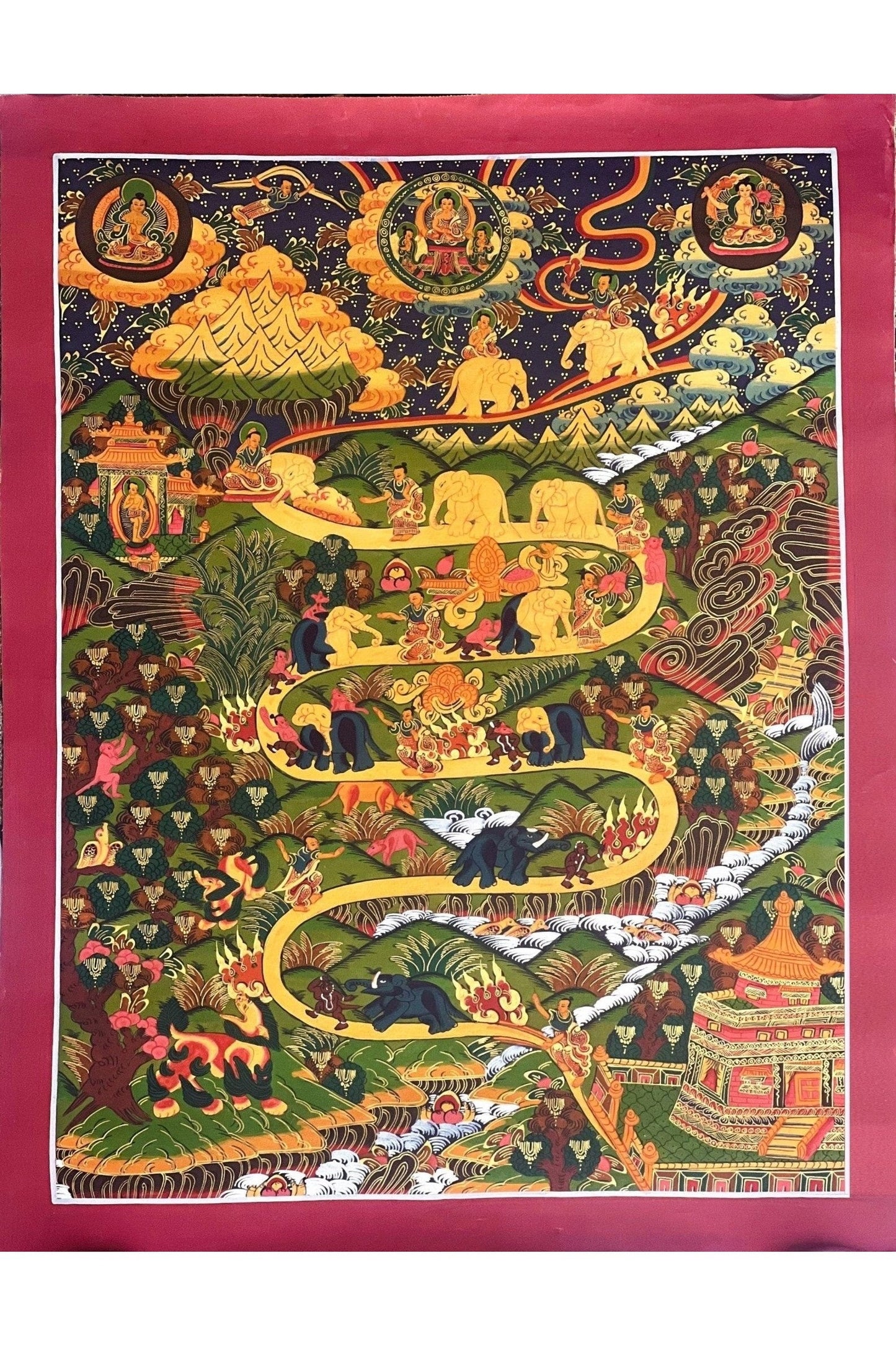 Nine Stage Samatha Meditation/Elephant Path/ Way to Heaven/ Way to Nirvana Original Tibetan Thangka Painting, Meditation Art /Wall Hanging - Tibetan Thangka Art