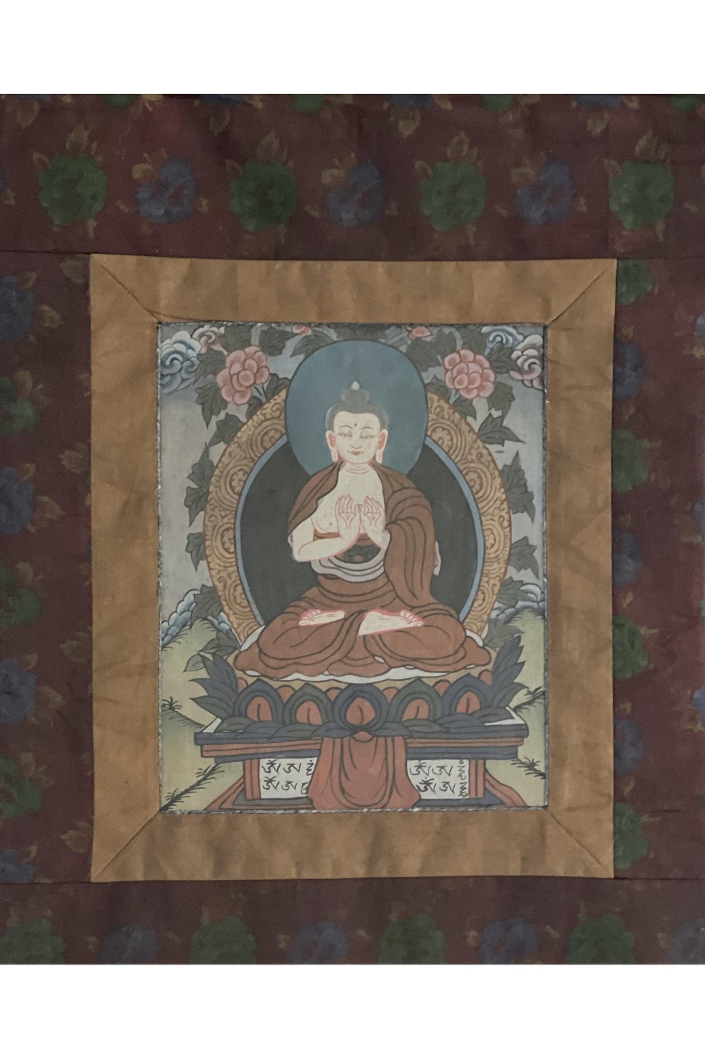 Old/ Vintage/ Vairocana Buddha/ Dhyani Buddha/ Knowledge Buddha Original Tibetan Thangka Painting/ Meditation Art with Traditional Brocade - Tibetan Thangka Art