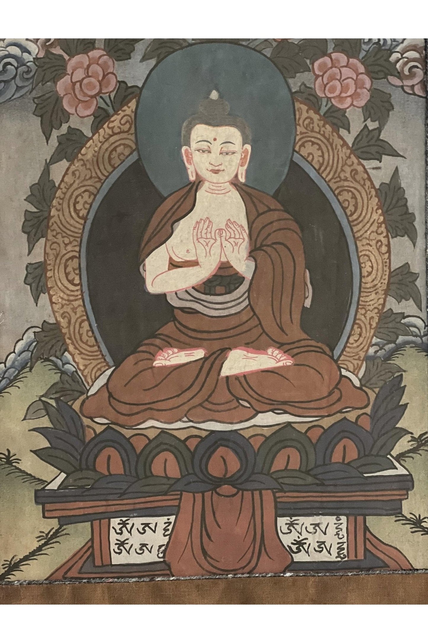 Old/ Vintage/ Vairocana Buddha/ Dhyani Buddha/ Knowledge Buddha Original Tibetan Thangka Painting/ Meditation Art with Traditional Brocade - Tibetan Thangka Art