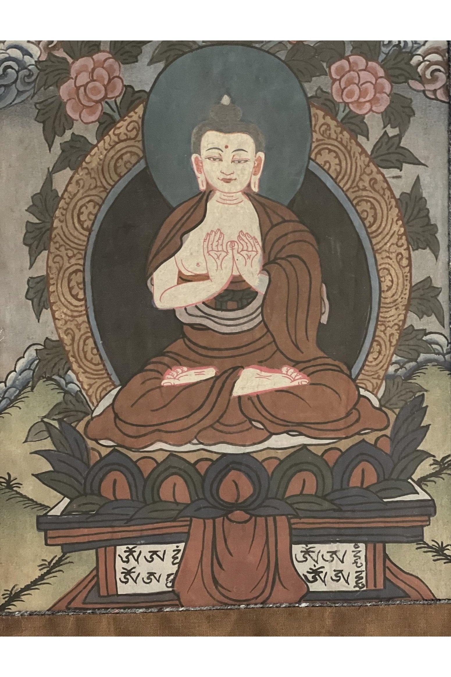 Old/ Vintage/ Vairocana Buddha/ Dhyani Buddha/ Knowledge Buddha Original Tibetan Thangka Painting/ Meditation Art with Traditional Brocade - Tibetan Thangka Art