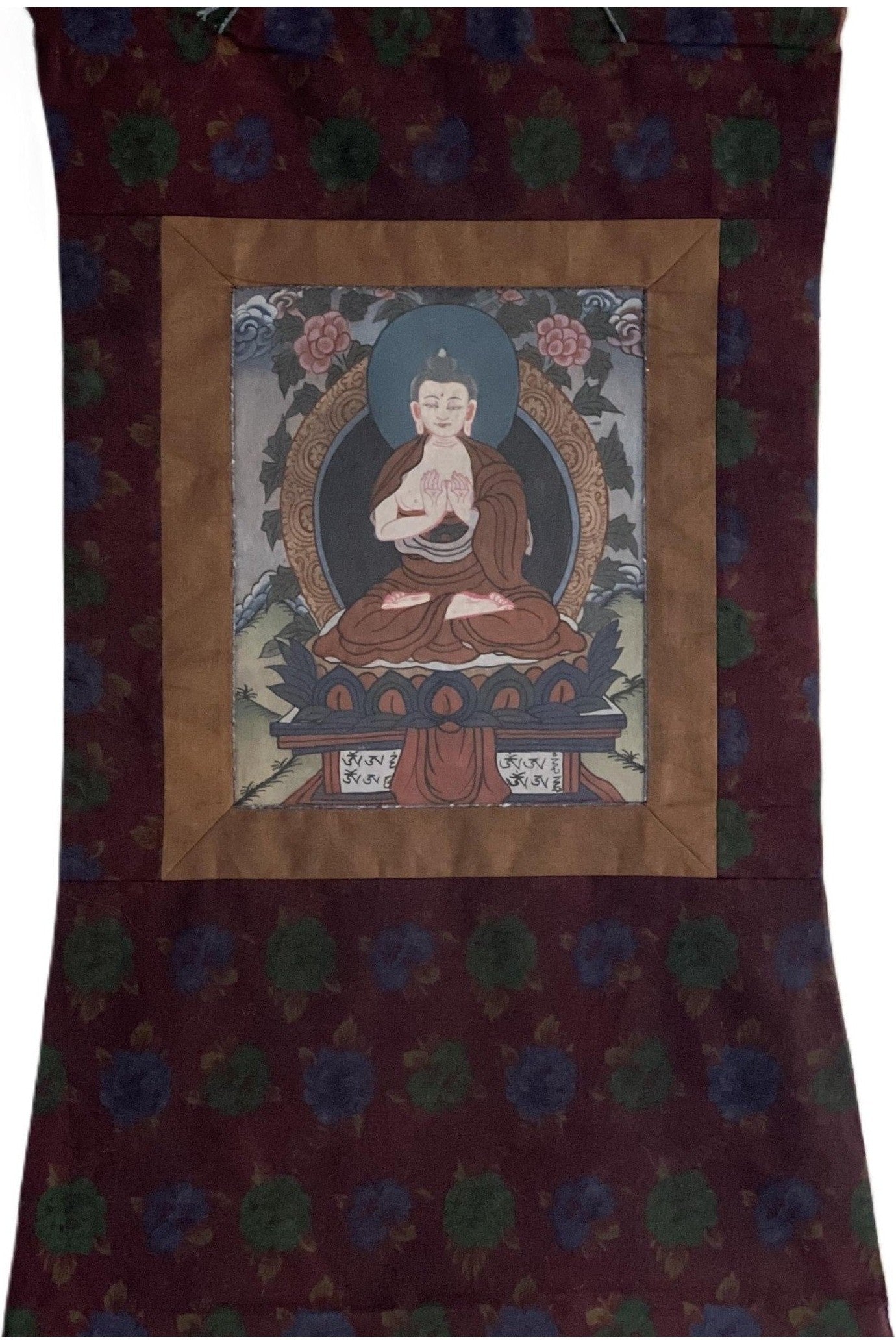 Old/ Vintage/ Vairocana Buddha/ Dhyani Buddha/ Knowledge Buddha Original Tibetan Thangka Painting/ Meditation Art with Traditional Brocade - Tibetan Thangka Art