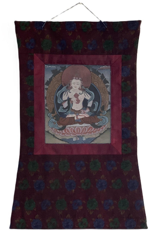 Old Vintage Vajrasattva/ Dorje Sempa/ Dhyani Buddha Tibetan Thangka Painting, Original Buddhist Art with Traditional Cotton Brocade - Tibetan Thangka Art