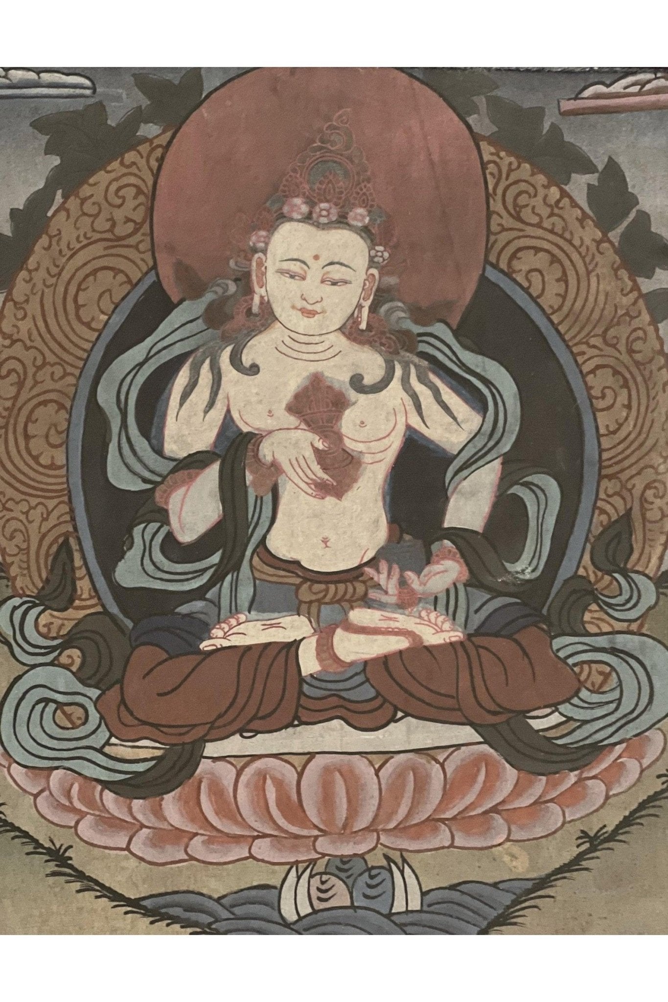 Old Vintage Vajrasattva/ Dorje Sempa/ Dhyani Buddha Tibetan Thangka Painting, Original Buddhist Art with Traditional Cotton Brocade - Tibetan Thangka Art