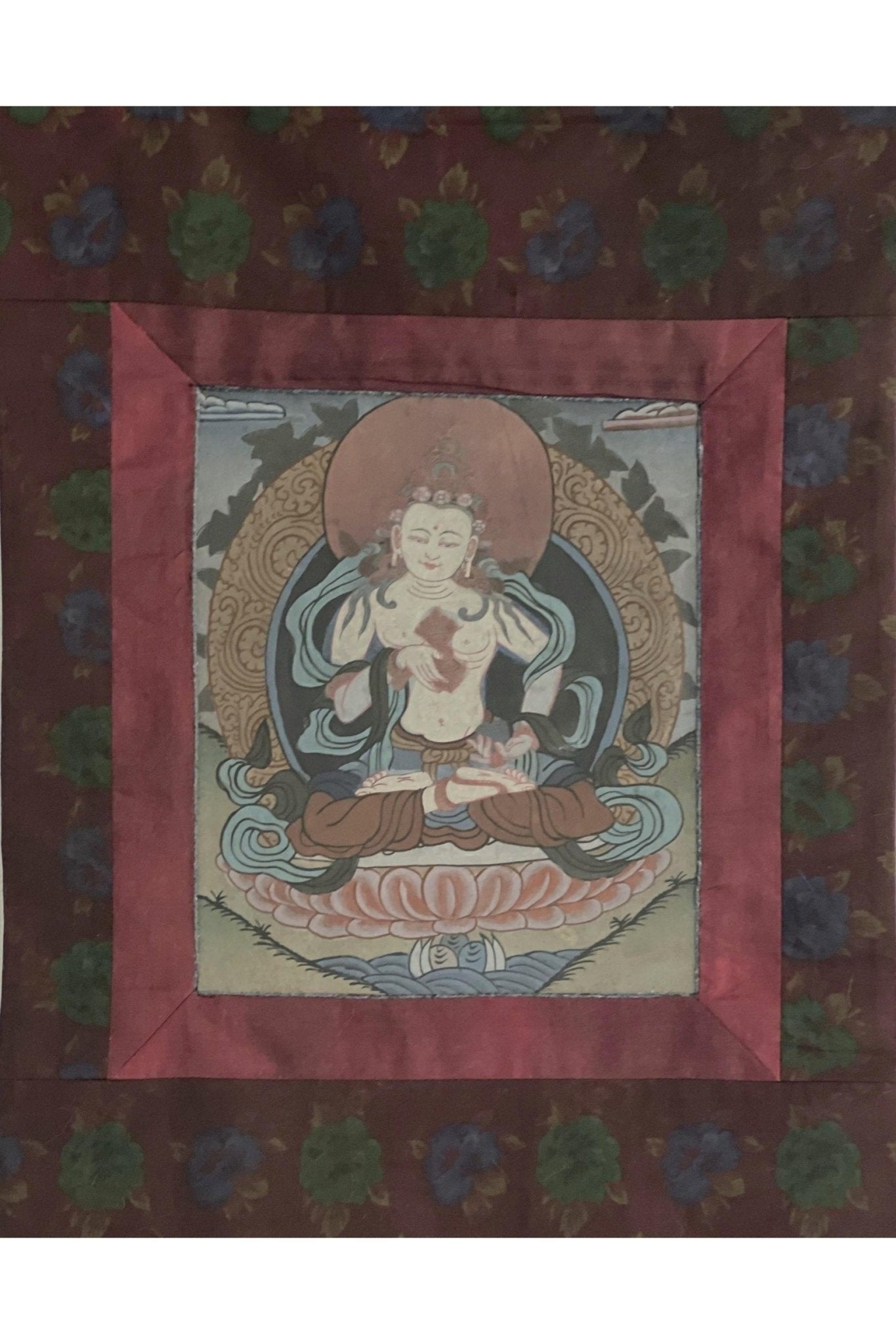 Old Vintage Vajrasattva/ Dorje Sempa/ Dhyani Buddha Tibetan Thangka Painting, Original Buddhist Art with Traditional Cotton Brocade - Tibetan Thangka Art
