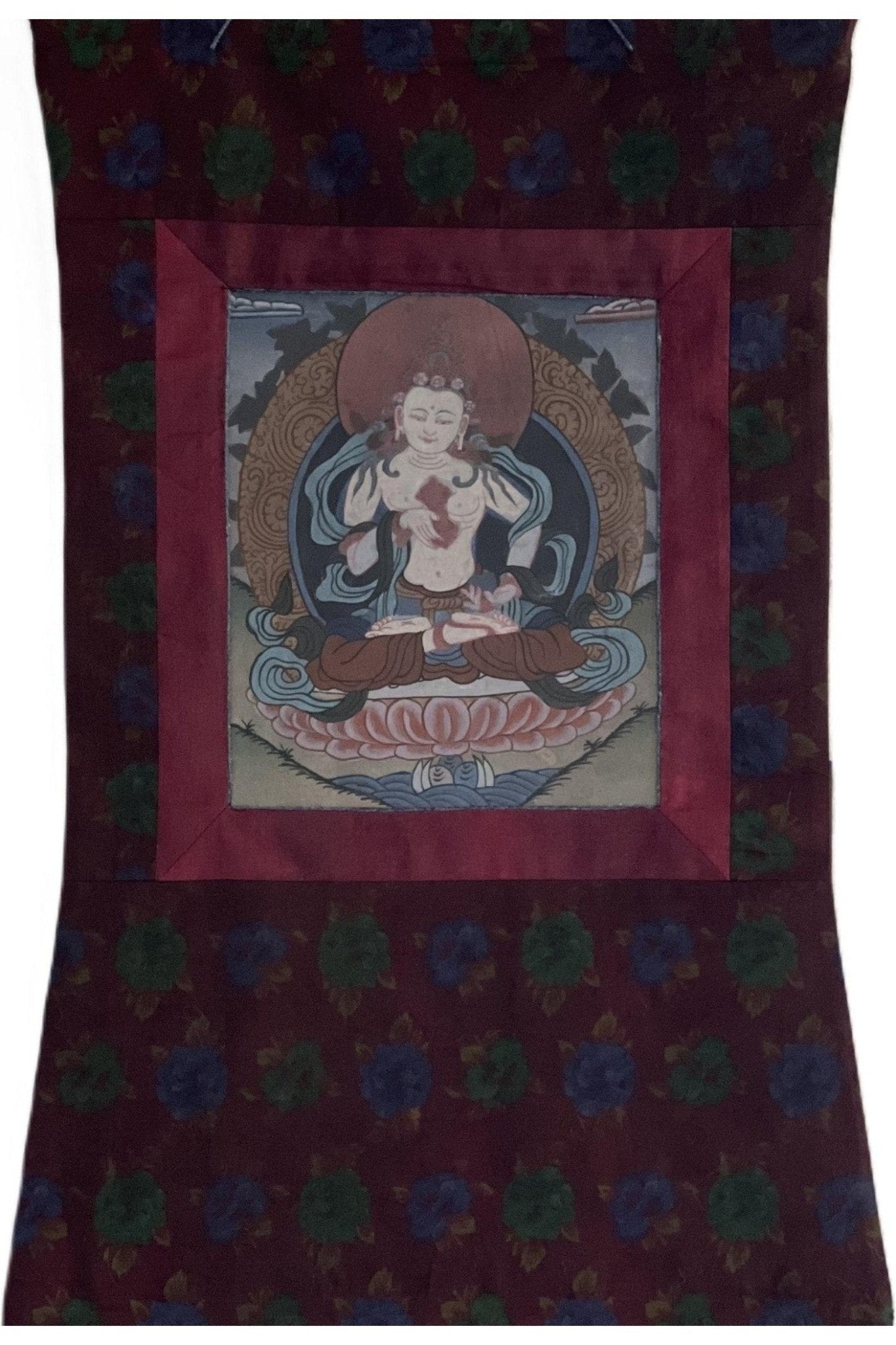 Old Vintage Vajrasattva/ Dorje Sempa/ Dhyani Buddha Tibetan Thangka Painting, Original Buddhist Art with Traditional Cotton Brocade - Tibetan Thangka Art