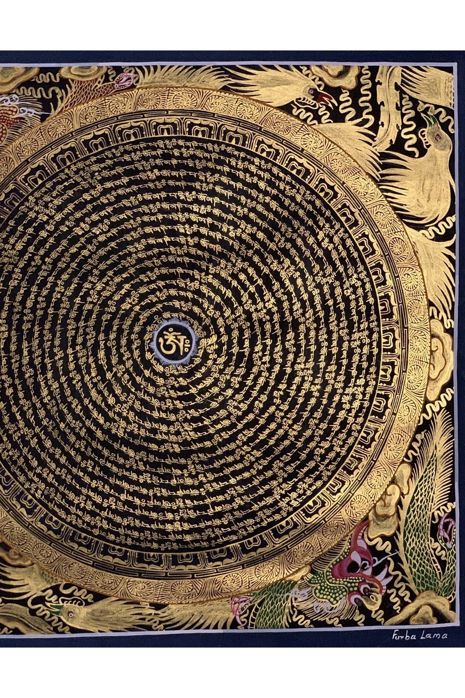 Om Mani Padme Hum Mantra Dragon Mandala Black and Gold Artist Signed Original Hand Painted Masterpiece Tibetan Thangka Painting/Wall Hanging - Tibetan Thangka Art