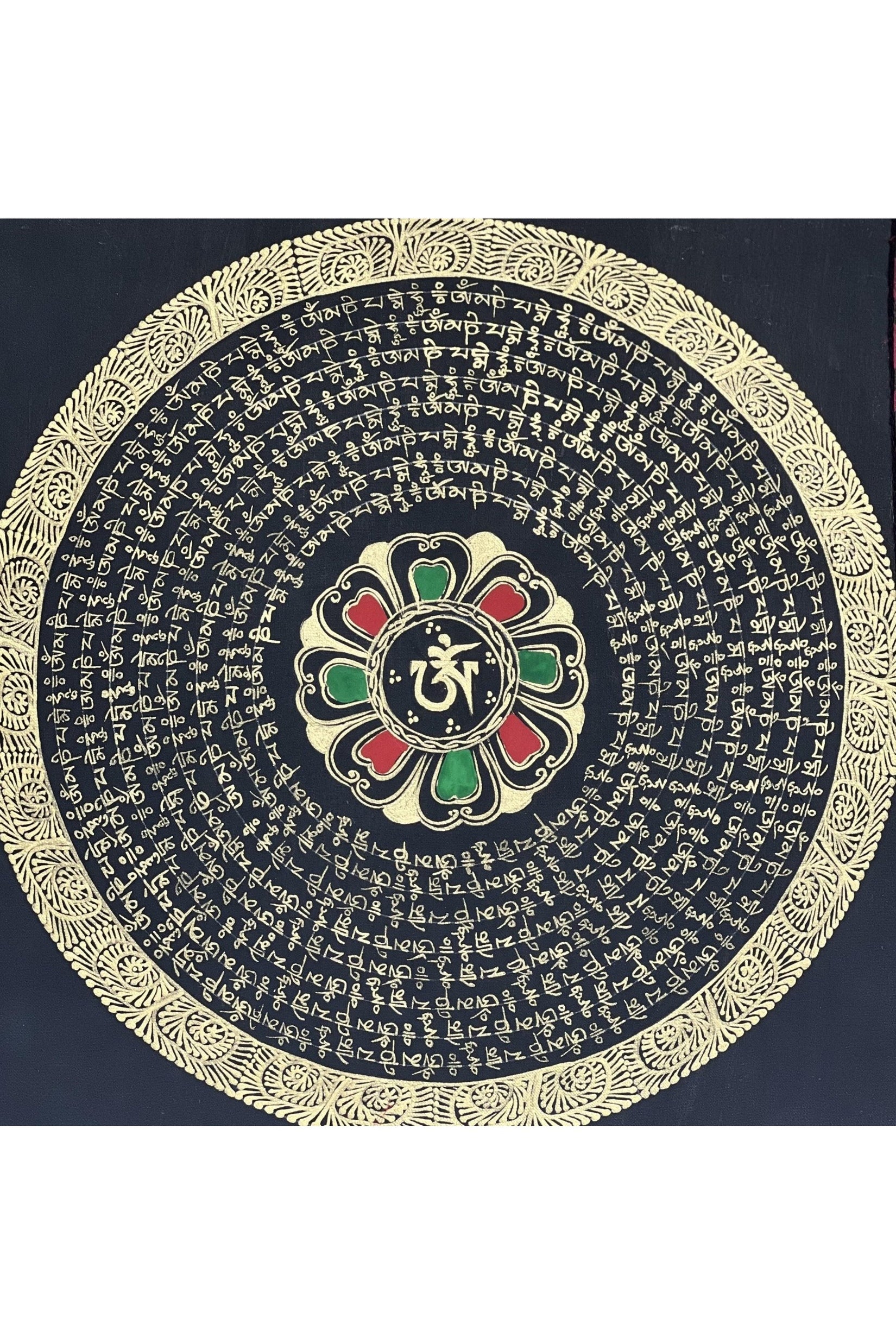 Om Mani Padme Hum Mantra Mandala Black and Gold Original Tibetan Thangka Painting /Meditation Art/Wall Hanging Bordered with Silk - Tibetan Thangka Art