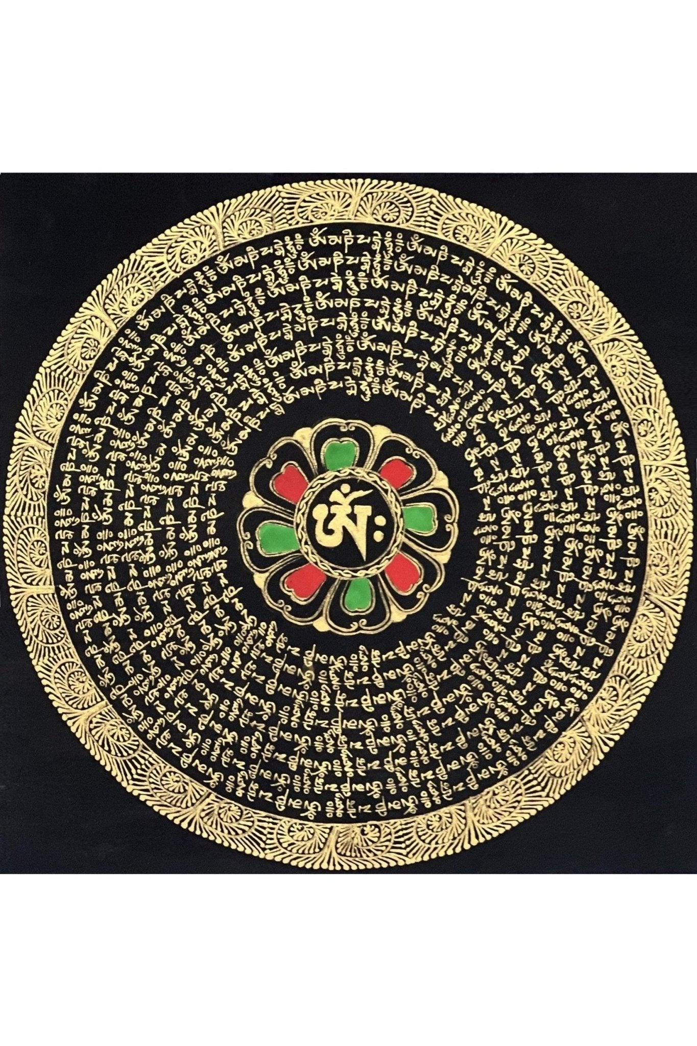 Om Mani Padme Hum Mantra Mandala Black and Gold Original Tibetan Thangka Painting /Meditation Art/Wall Hanging Framed with Silk - Tibetan Thangka Art