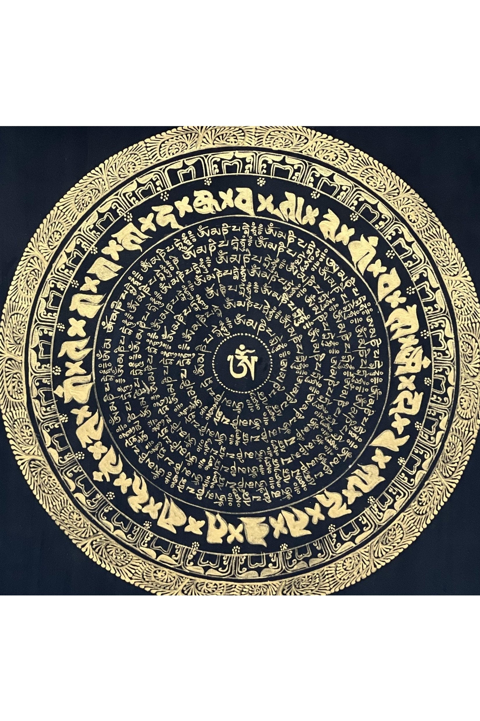Om Mani Padme Hum Mantra Mandala Black and Gold Original Tibetan Thangka Painting /Meditation Art/Wall Hanging with Silk Brocade - Tibetan Thangka Art
